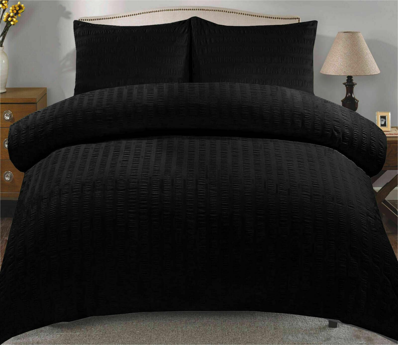 KD HOME EVERYTHING YOU NEED Seersucker Duvet Quilt Cover Set with Matching Pillowcases, Ultra Soft Cosy Polycotton Stripe Design, Easy Care & Machine Washable (Black, Double) โ image 1