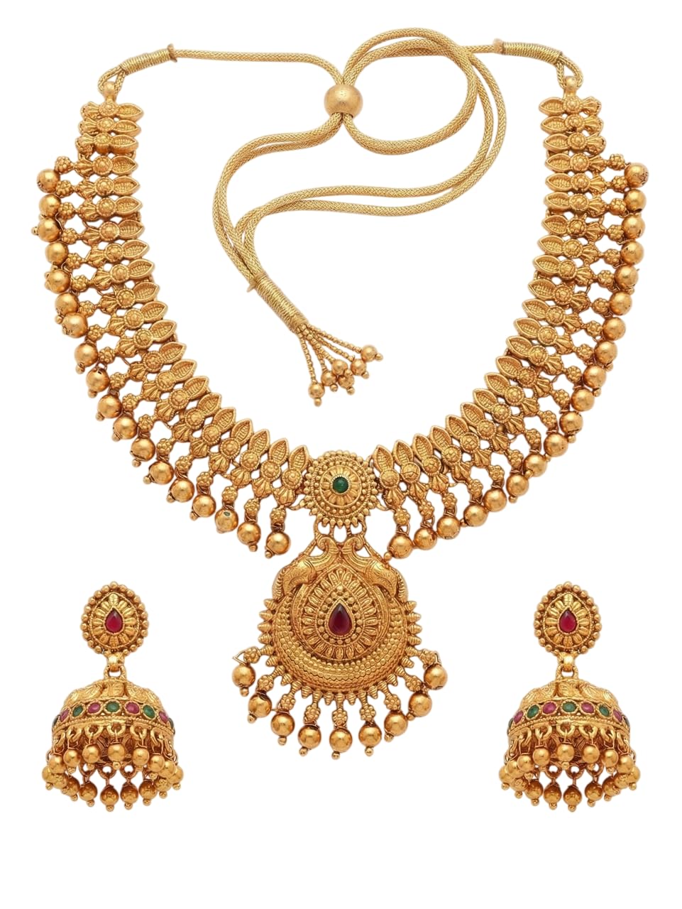 Gold-Plated Antique Temple Jewellery Set for Women - Traditional Necklace with Large Peacock Pendant & Matching Jhumka Earrings | Ethnic Festive & Bridal Wear Set with Ruby & Emerald Accents-image-28