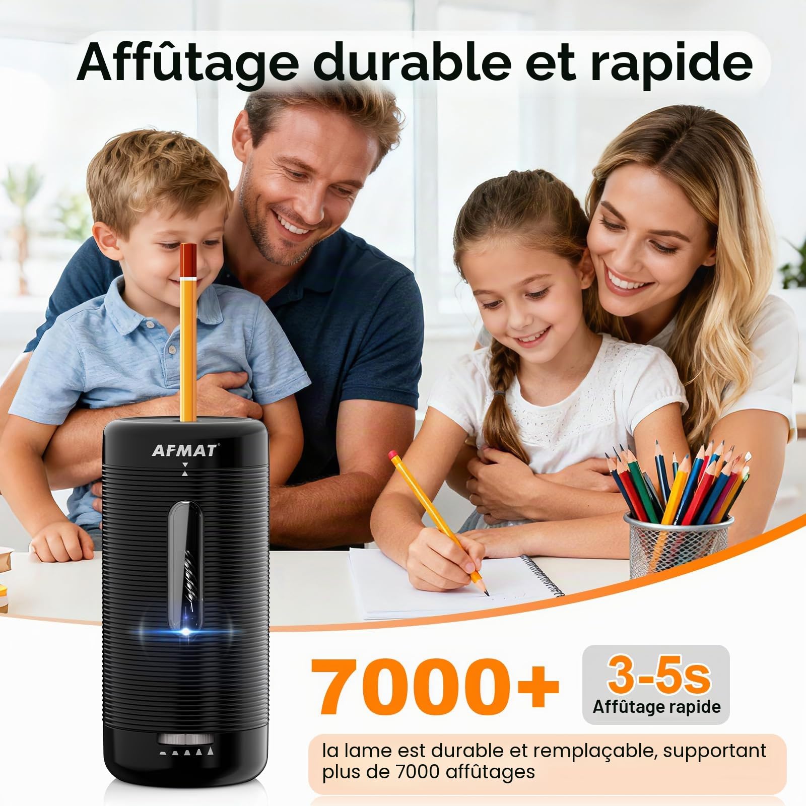 AFMAT Taille-crayon électrique entièrement automatique avec récipient, rechargeable pour crayons de 6,5 à 12 mm, entrée et sortie automatique, arrêt automatique pour la maison, le bureau, l'école