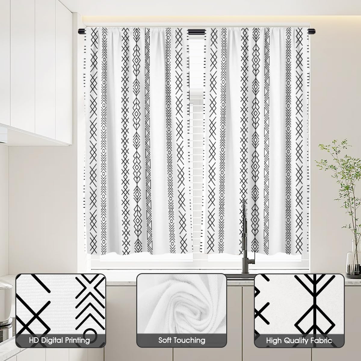 zokyer Boho Kitchen Curtains Western Black White Farmhouse Vintage Geometry Aztec Small Short 27.5" W x 36" L Window Treatment Tiers for Living Room Bedroom Bathroom 2 Panels Rod Pocket Drapes