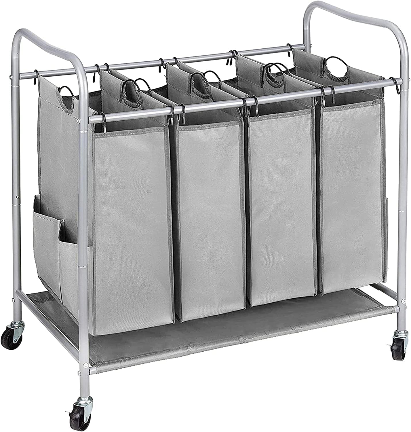 JINAMART Heavy Duty Rolling Laundry Hamper cart with Wheels, 4 Section Removable Bag Sorter Basket with 4 side pockets, Laundry Organization and Cloth Storage Bins for Bedroom & Bathroom, Grey