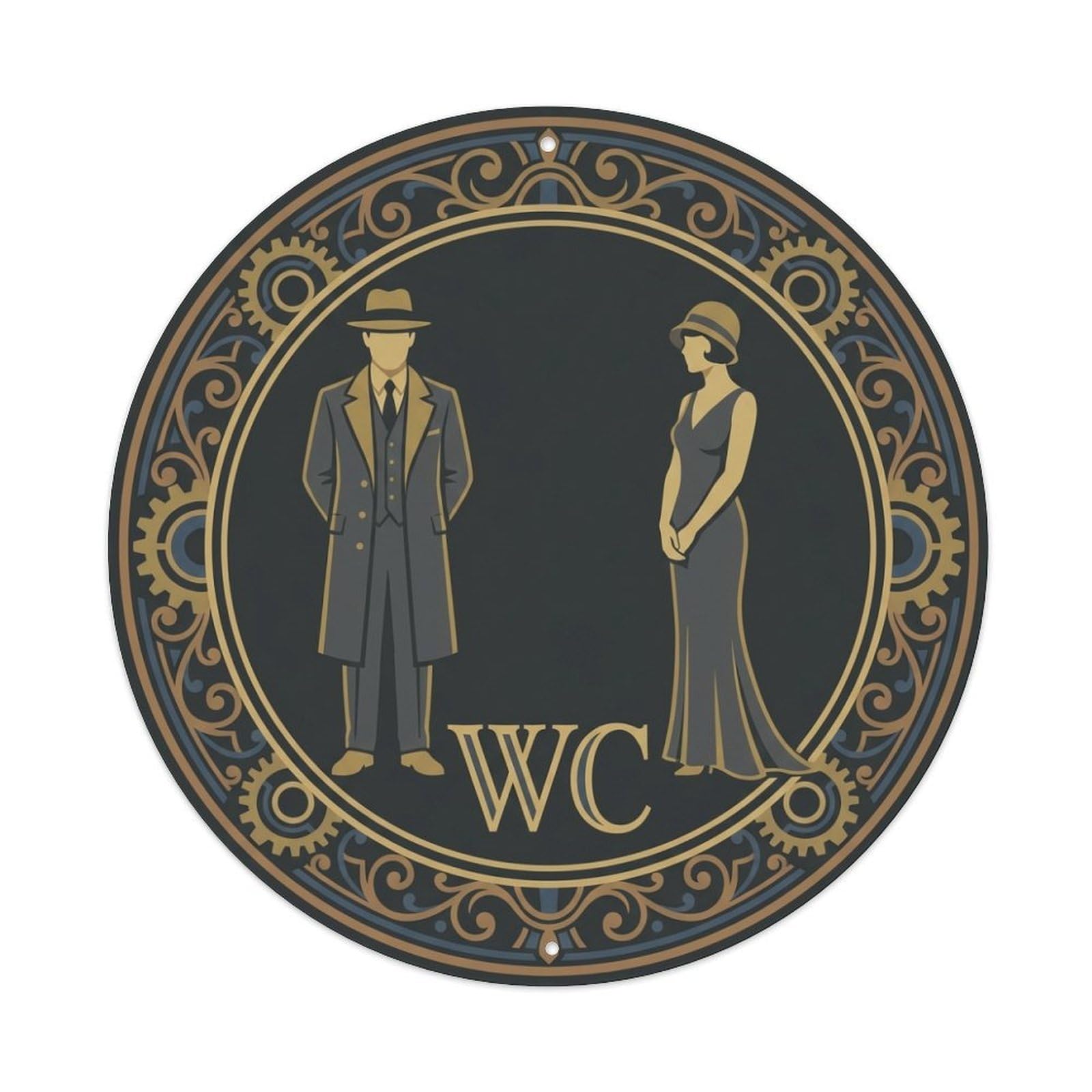 Restroom Notice WC Charcoal Gold Geometric Ring Metal Tin Sign