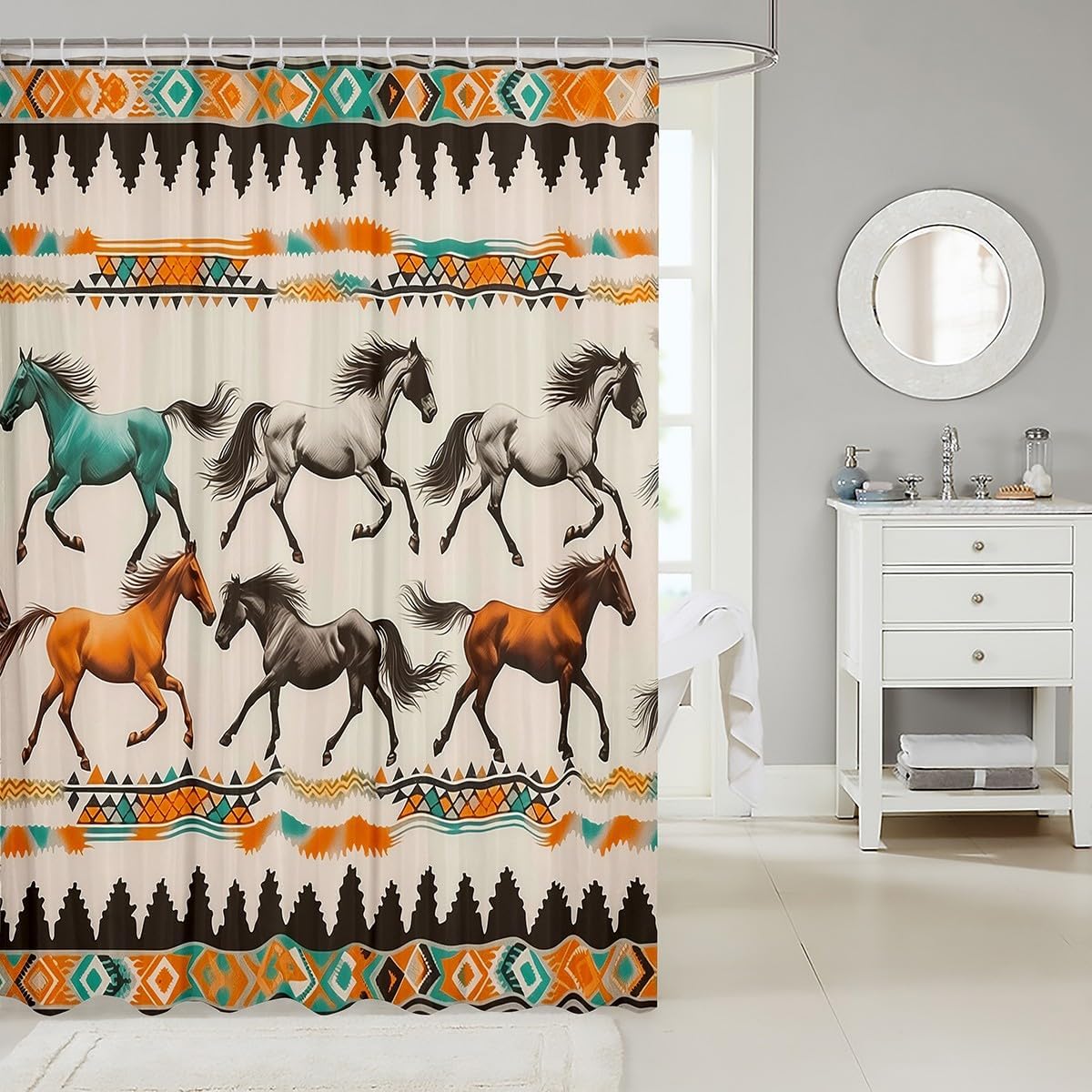 jejeloiu Galloping Horse Fabric Shower Curtain Bohemian Stripe for Adult Kids Rustic Style Bathroom Waterproof Accessories with 12 Hooks Shower Curtain Green Orange Curtains,72x78 Inches
