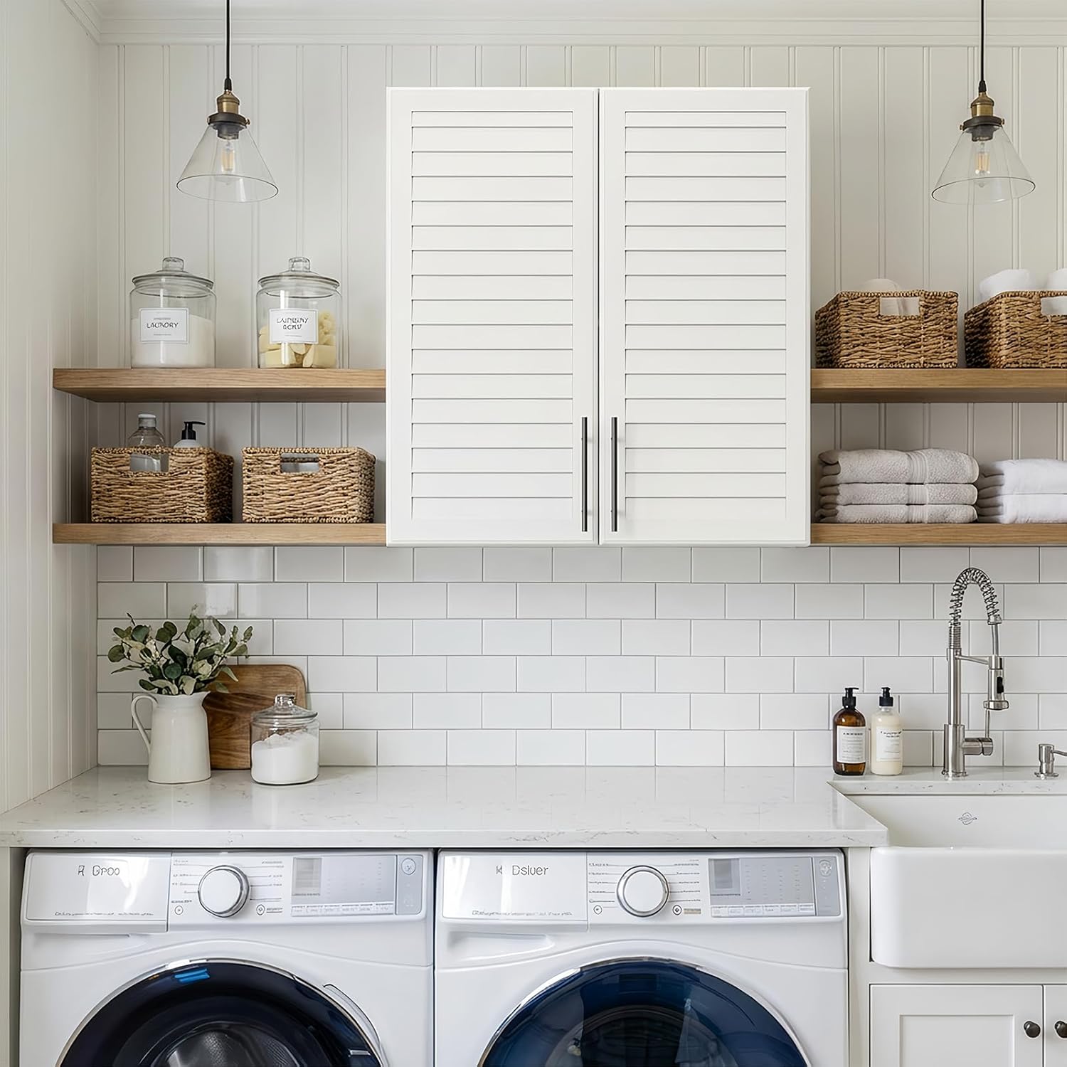 Furnaza Laundry Room Wall Cabinet with Shutter Style Doors, Wall Mounted Storage Cabinet with Adjustable Shelf, Upper Storage for Laundry Room, Bathroom, Kitchen,White,29.5" W x 11.8" D x 31.5" H