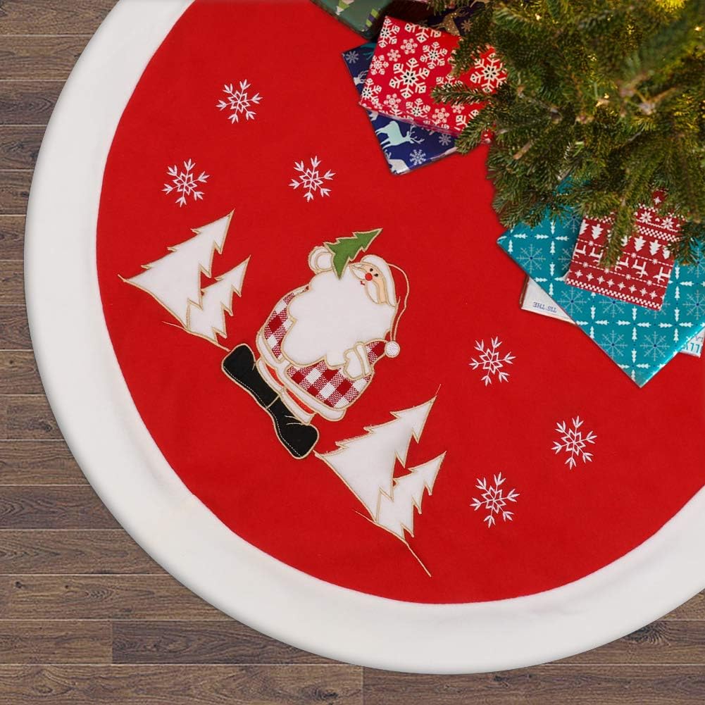 DEKINMAX Christmas Tree Skirt-48 inches,Double-Layer Design Santa And Snowflake Hand Embroidery Pattern Xmas Tree Skirt ,Holiday Tree Ornaments For Christmas Home Decorations