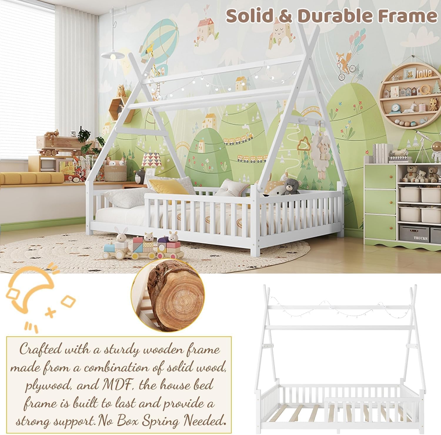 Full Tent-Shaped Bed for Kids with LED Light, Teepee Floor Bed with Guardrails, Wooden Montessori Bed Frame with Slats Support for Toddler, White