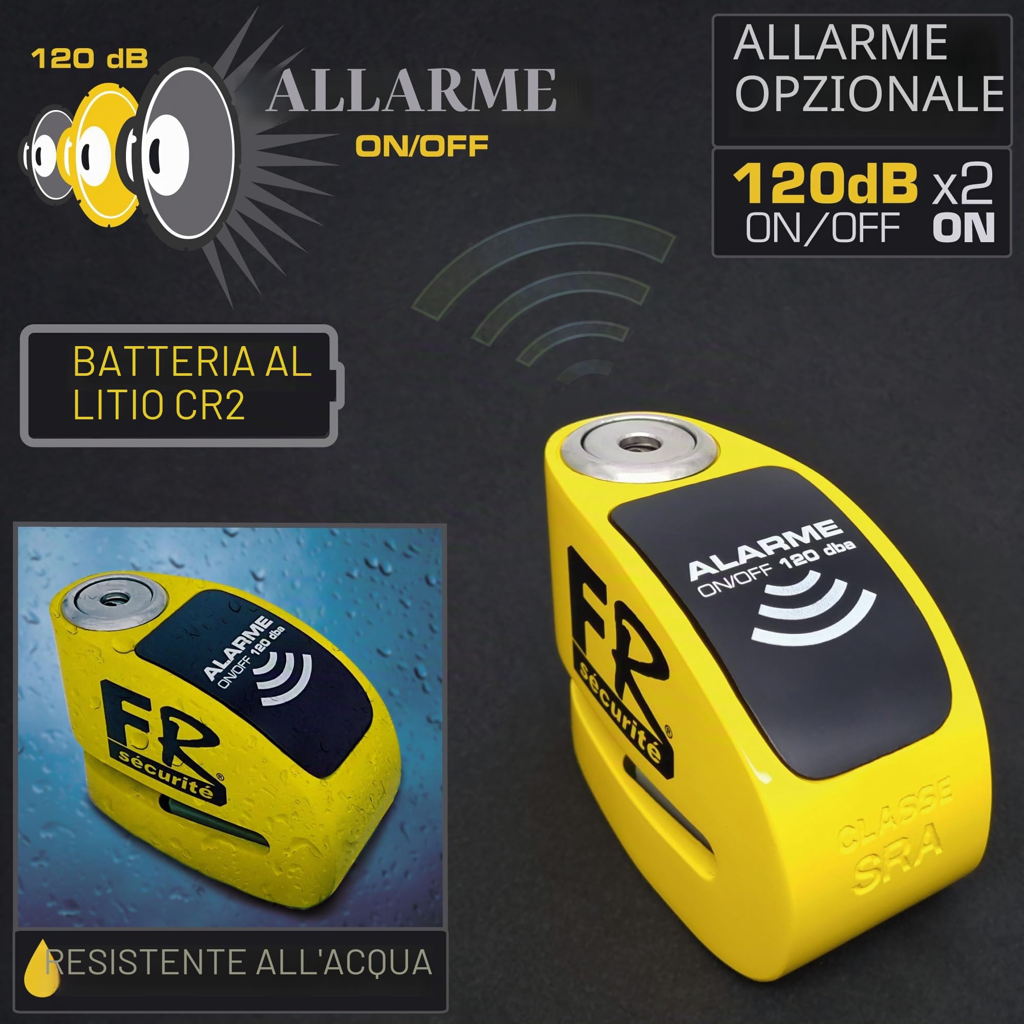 FR SECURITE FR410Y Bloccadisco Moto Lucchetto Omologato Allarme 120dB Opzionale, Doppia Chiusura ø10mm, Serratura Alta Sicurezza, Acciaio Inossidabile, Antifurto Blocco Scooter Bicicletta