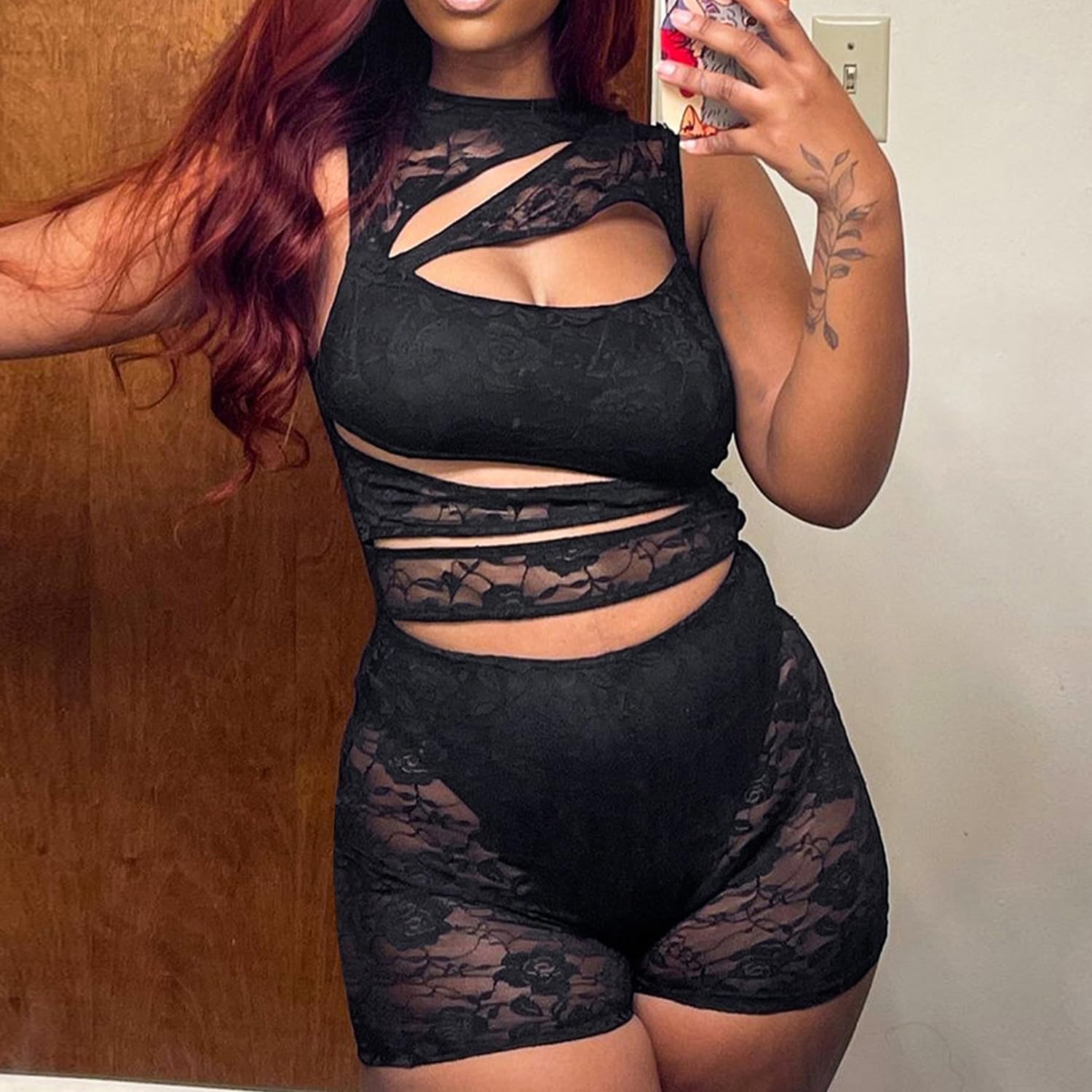 Lace Rompers for Women Sleeveless Short Jumpsuits Hollow Out Mesh See Through Bodysuit Halloween Costumes - Image 4