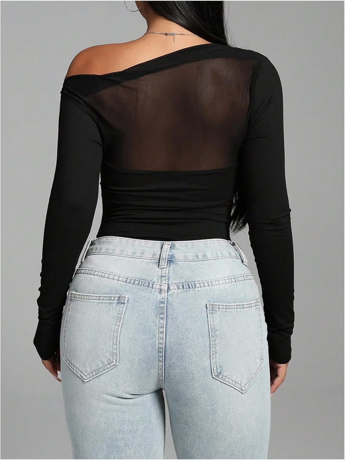 Milumia Women's Ruched One Shoulder Bodysuit Sheer Long Sleeve Fitted Leotards Tops - Image 3