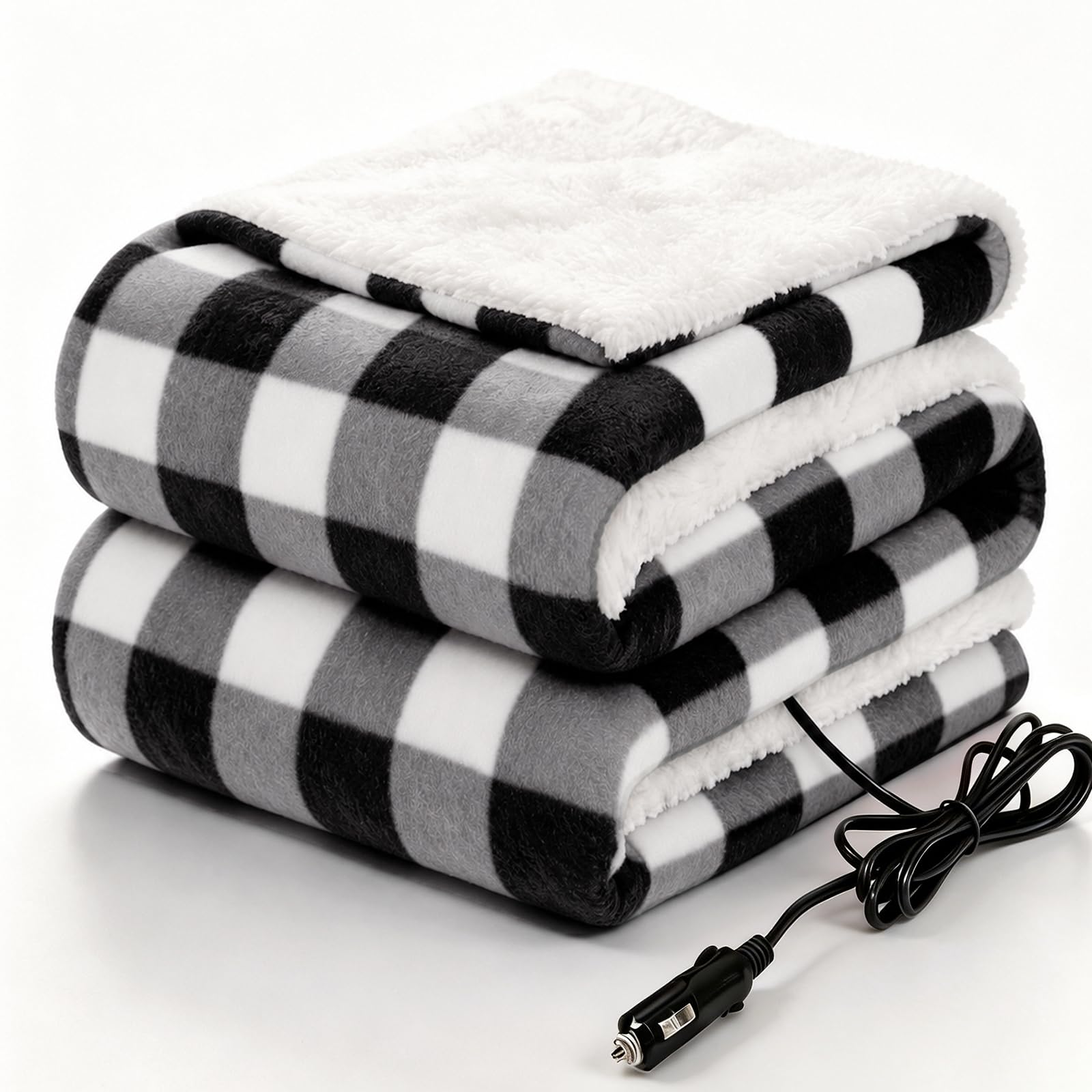 Sealy 12-Volt Electric Portable Heated Car Blanket, 59"x43", Black Plaid