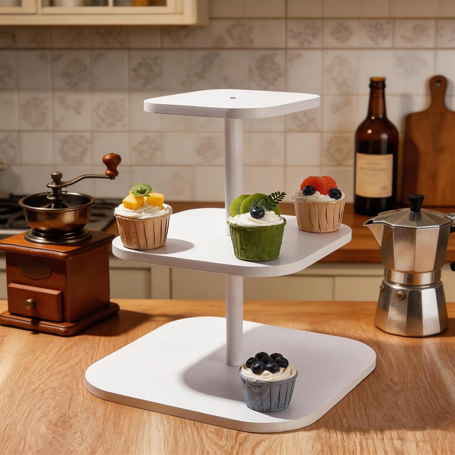 3 Tier Cupcake Stand, White Square Cupcake Tray Stand Tiered Wooden Dessert Serving Tray for Home Tea Party Wedding Farmhouse Decor Tea Party Kitchen Decor