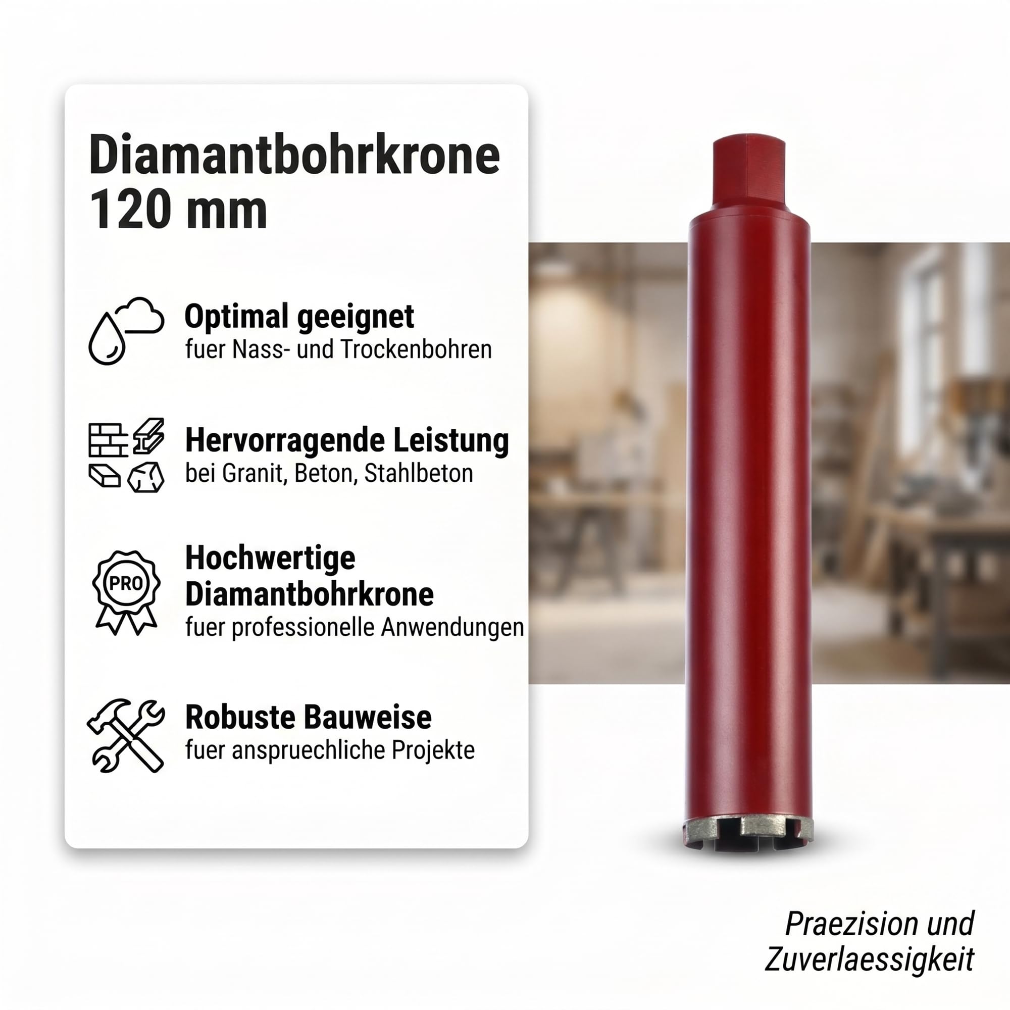 Mucola Diamantbohrkrone Ø 120 mm Kernbohrer – Profi Kernbohrkrone für Beton, Stahlbeton, Mauerwerk & Naturstein – 400 mm Kernlochbohrer für Wanddurchbruch, Rohr- & Steckdosendurchführung
