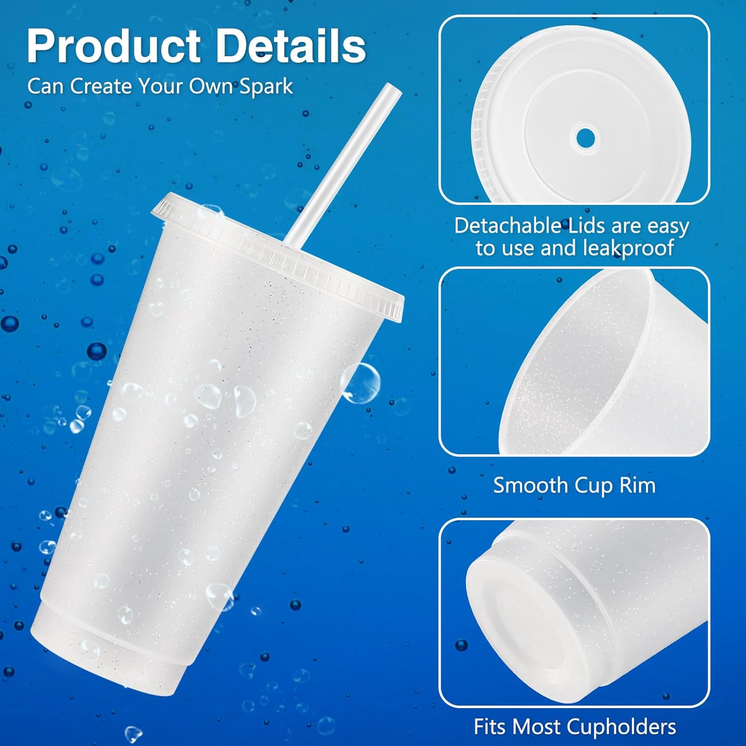 Amyhill 12 Pcs Reusable Glitter Cups with Lids and Straws 24 oz Plastic Tumbler Iced Coffee Cup Travel Mug for Smoothie Juice Birthday Sleepover Party Supplies for Valentine Girl(Clear) - Image 3