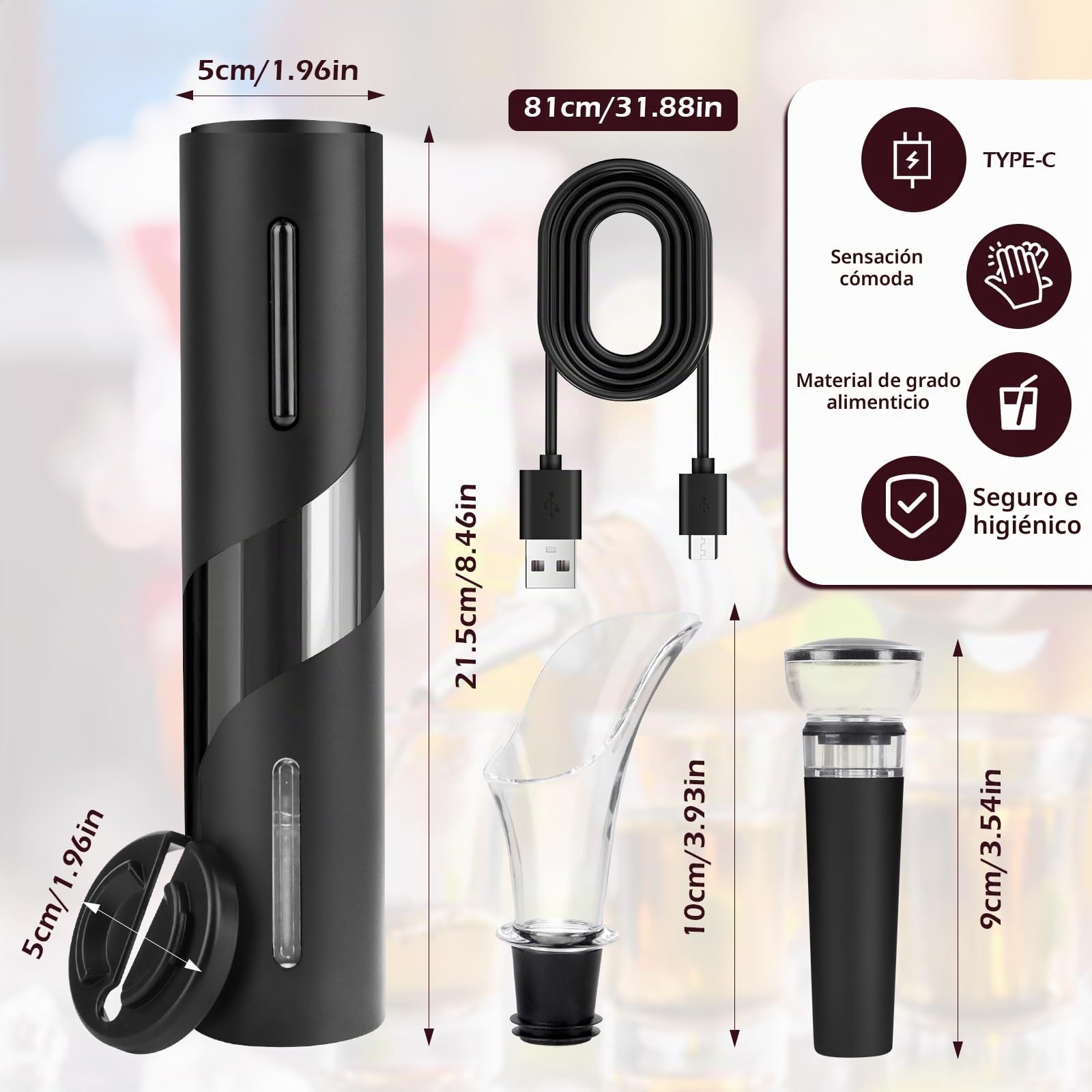 Sacacorchos Eléctrico Portátil, Corta Cápsulas, Vertedor, Tapón de Vino y Cable de Carga USB, Ideal para Reuniones Familiares, Bares y Regalos