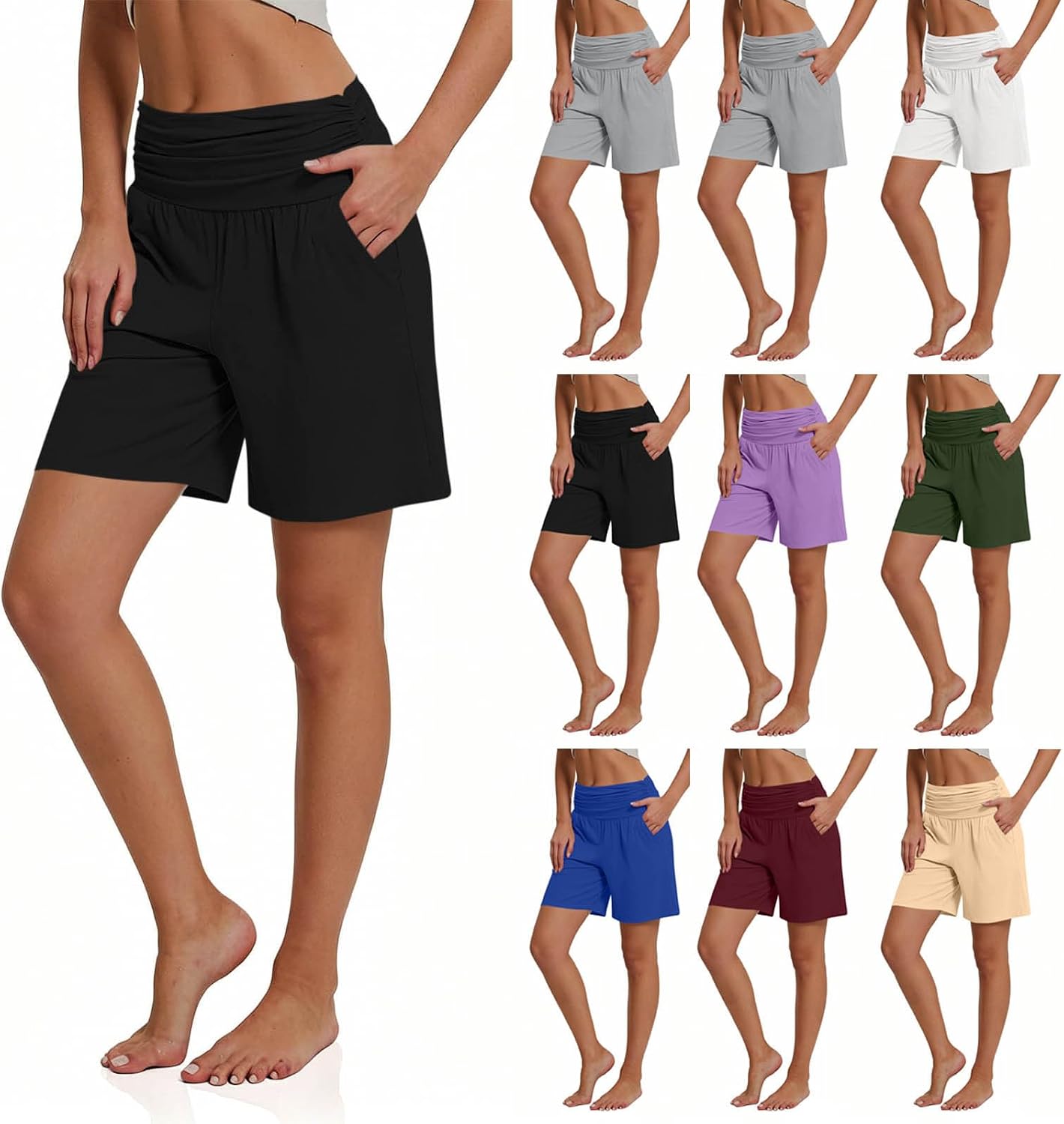 High Waisted Pilates Shorts for Women, Elastic Waist Workout Bottoms with Pocket, Stretchy Gym Short, Running Clothes