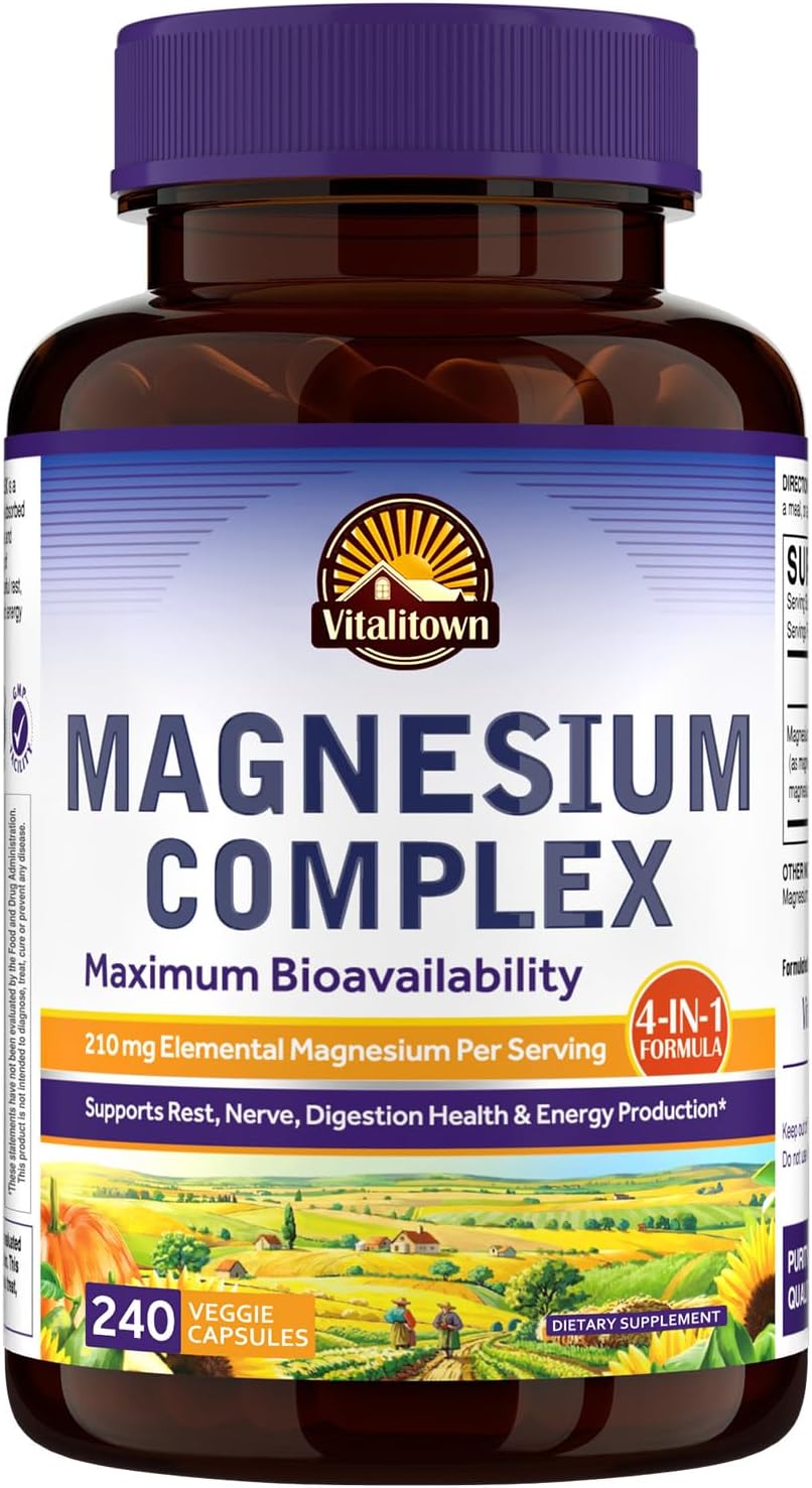 Vitalitown Magnesium Complex | Chelated Easily Absorbed Magnesium Glycinate Citrate Malate | Buffered | 210mg Elemental Mag | Sleep, Nerve, Digestion, Energy | Non-GMO 240 Veg Caps
