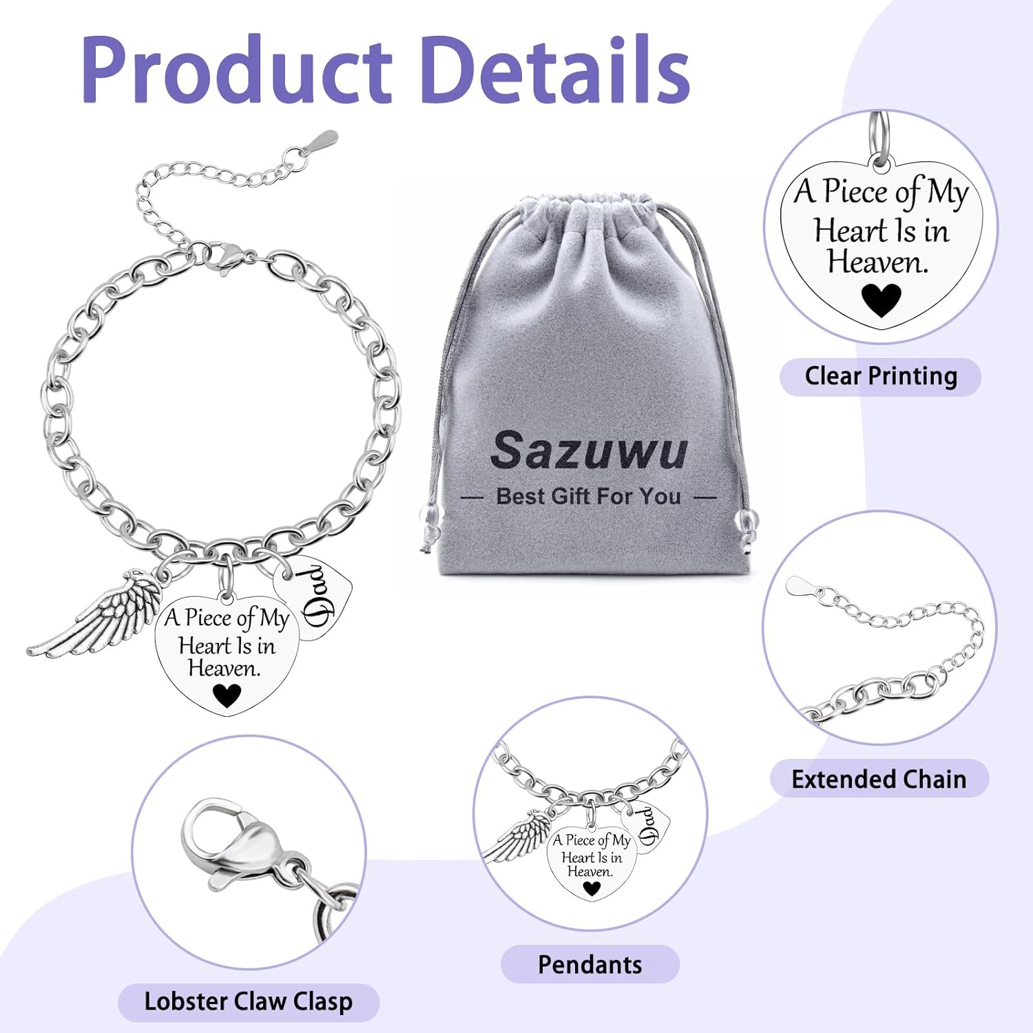 Sazuwu Memorial Bracelets for Loss of Dad Father Remembrance Gifts in Memory of Dad Gifts Bereavement Bangle Bracelet Memory Gift for Loss of One Father Condolences Present - Image 3
