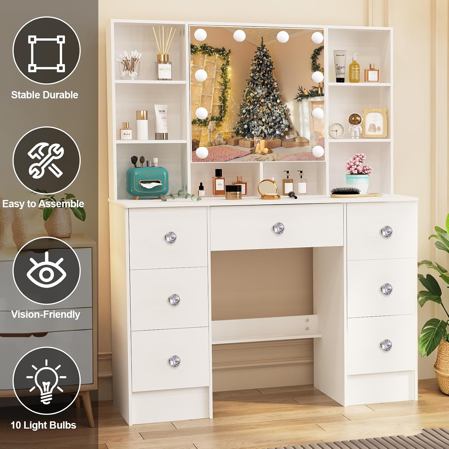 White Vanity Desk with Mirror,Make up Vanity with 7 Drawers 10 Shelves & Open LED Mirror,3 Modes Light Adjustable,Vanity Desk for Bedroom,White,39.5" L*15.8" W*55.2" H.