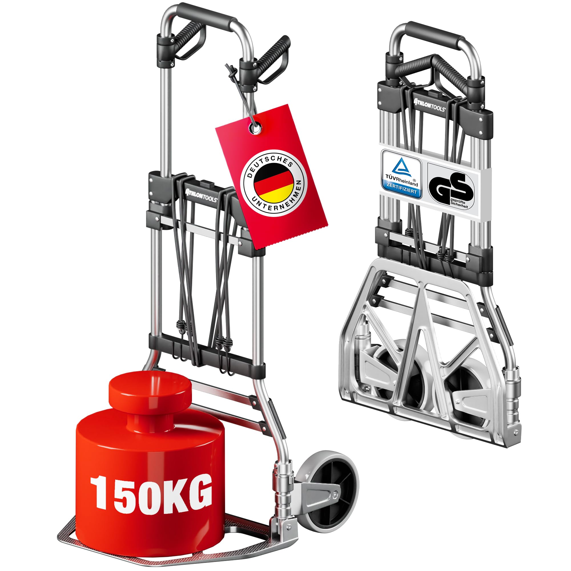 ATHLON TOOLS Schwerlast Sackkarre klappbar 150 kg TÜV geprüft – Langer Teleskopgriff 115 cm, Anti-Rutsch-Pads, Soft-Laufräder, inkl. 2 Expanderseile - Sackkarre klappbar Alu kompakt & leicht