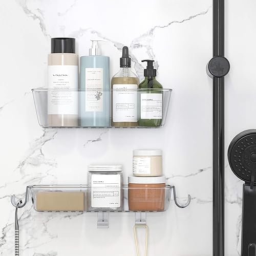 Miniatura 8 de TZAMLI Organizador de ducha con jabonera, estante organizador de ducha adhesivo de plástico montado en la pared, estantes sin perforaciones para