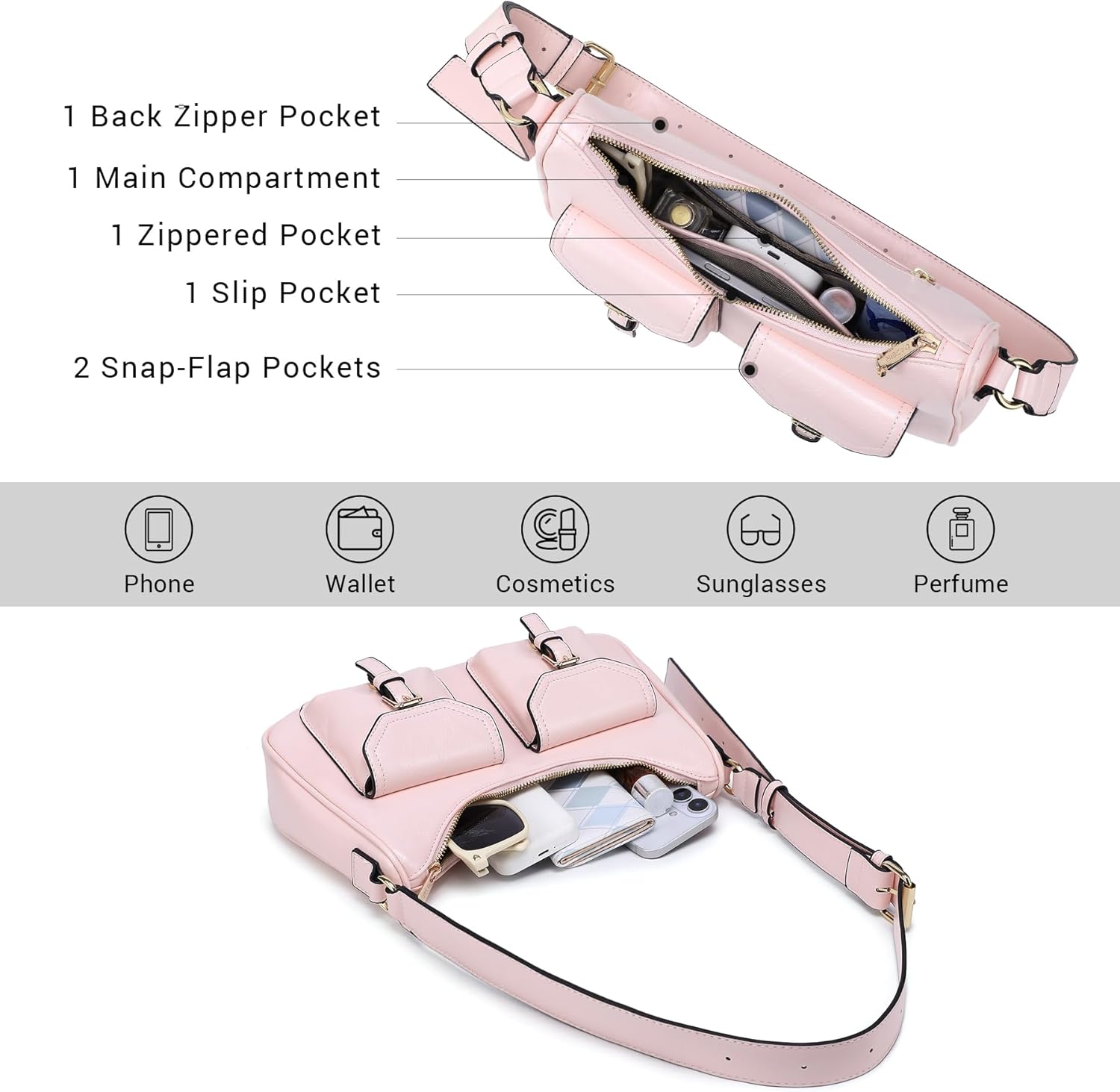 Dasein Retro Shoulder Purse for Women Faux Oiled Leather Hobo Bag Y2K Handbag with Buckle Pockets - Image 5