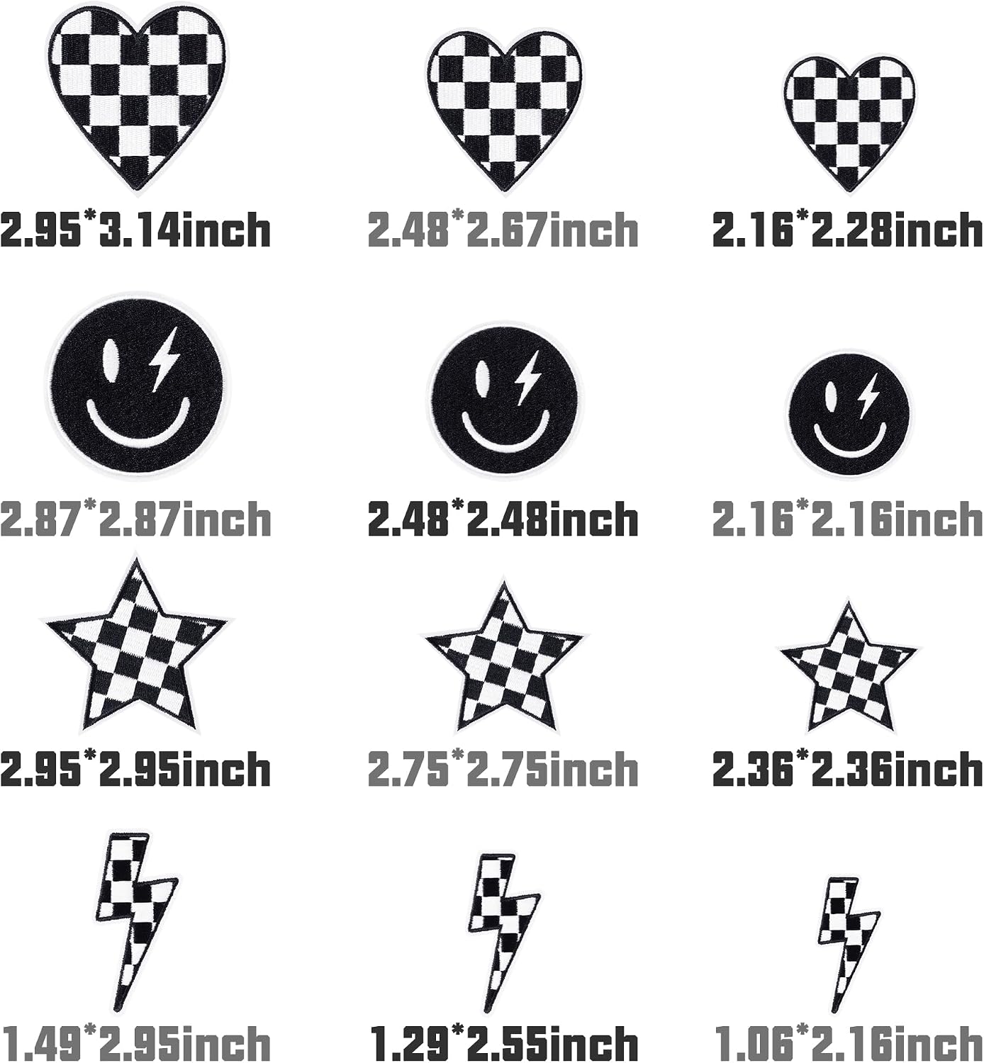 12Pcs Black and White Checkered Iron on Patches Classic Racing Heart Star Smile Lightning Bolt Sew on Repair Embroidered Applique Preppy Style DIY Crafts Accessories Gifts for Clothing Backpack Hat