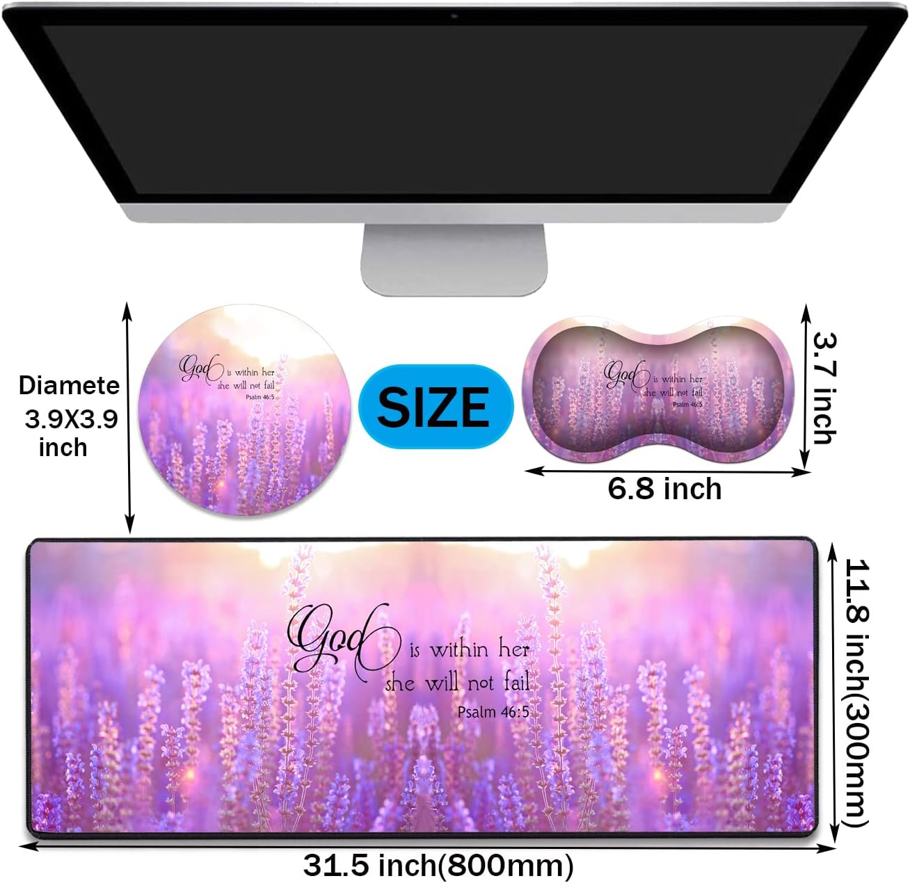 Desk Pad Gaming Mouse Pad + Wrist Rest Support Pad + Coaster, 31.5'' × 11.8'' Durable Non-Slip Extended Computer Mouse Pad, Suitable for Office and Home, Quote Bible Verse Psalm 46:5