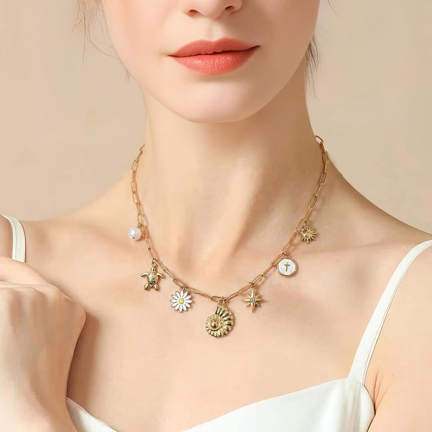 LALAPPLE Chunky Charm Necklace for Women 14K Gold Plated Stainless Steel Trendy Cute Summer Beachy Charm Pendant Hypoallergenic,Boho Summer Seashell Beach Starfish Surfer Jewelry - Image 2