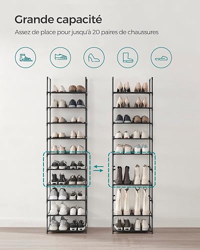 SONGMICS Étagère Chaussure à 10 Niveaux, Range-Chaussure, Porte-Chaussure, Meuble de Rangement, 28 x 45 x 173 cm, Cadre en Métal, en Tissu Non-tissé, pour Entrée, Chambre, Noir LSH010B02 - 3