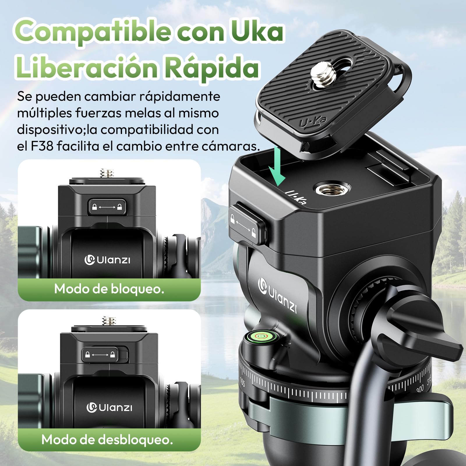 ULANZI JJ06 GlideGo Trípode de Vídeo de Fibra de Carbono, Trípode de Cámara con Doble Cabezal panorámico de 360°, -50°/+60° Tilt Pan, Placa de Liberación Rápida Uka y Mango Destornillador, 18kg MAX