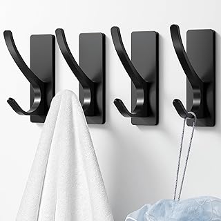 Self Adhesive Towel Hooks: Extra Strong 13LB, Stainless Hook for Hanging Loofah, Towels, Coat, Bath Robe Bathroom Shower, Black, 4 Pack