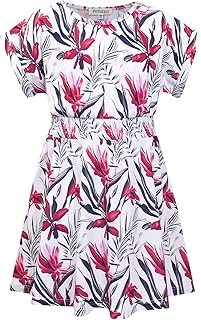 Girls Summer Dresses Printed Casual Loose Sundress Smocked Waist Roll-Sleeve - Buy now