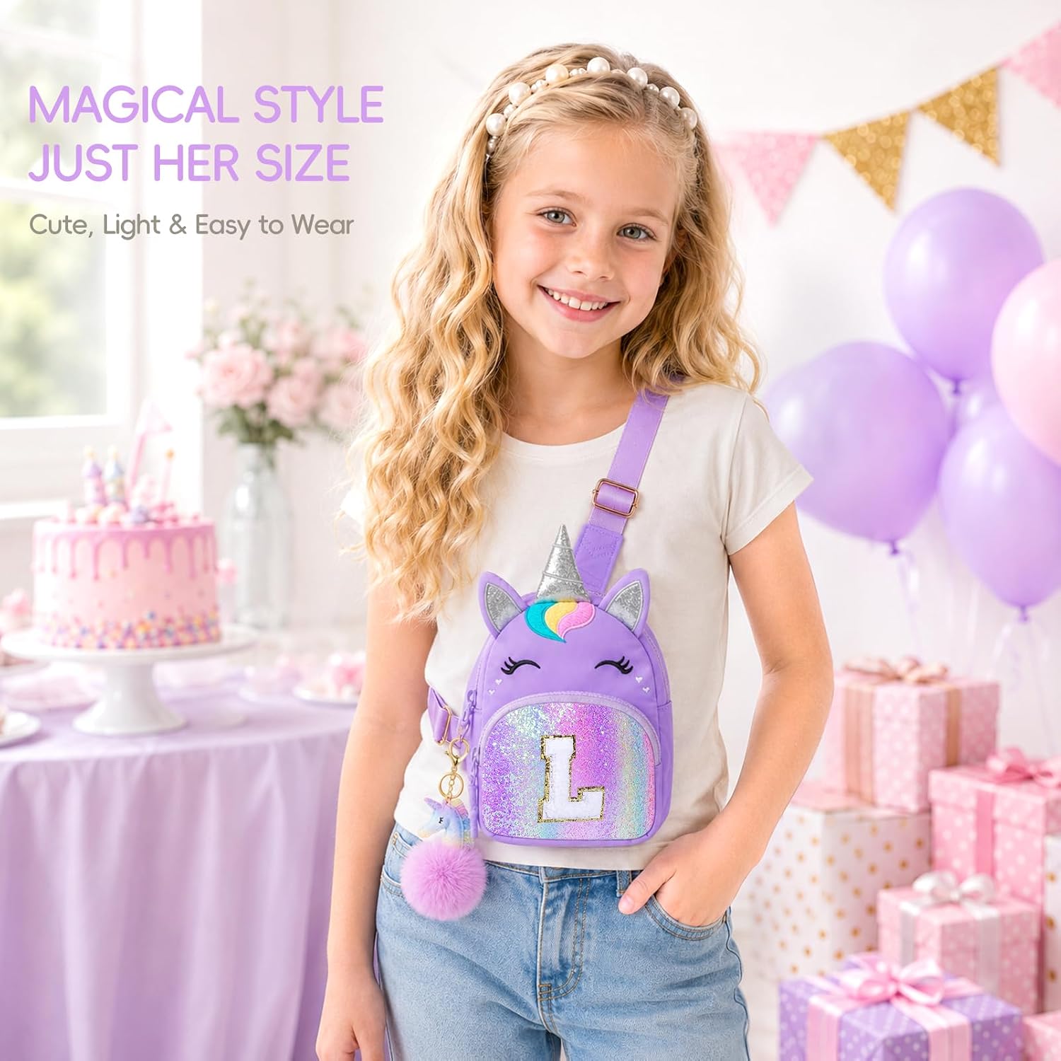 Birthday Gifts for Girls Kid Unicorn Sling Bag for Girls Kid, Purple L image 2