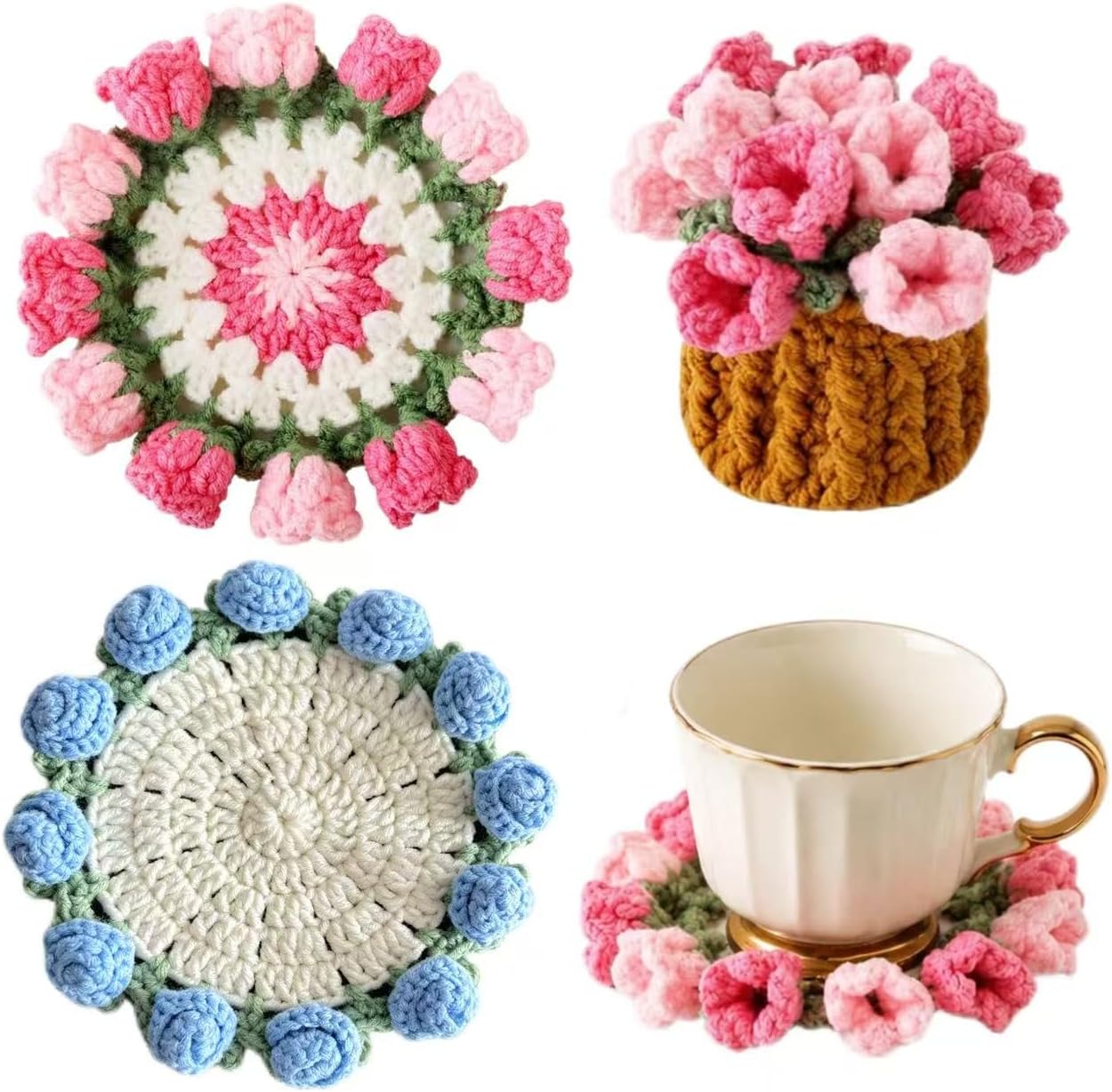 Handmade Crocheted Floral Coasters, Paired with Mini Crocheted Flower Pots