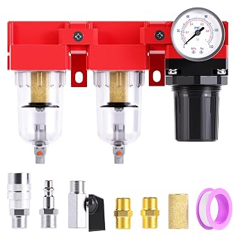TAILONZ PNEUMATIC 1/4 Inch NPT 150PSI 3 in 1 Air Filter Pressure Regulator Combo Piggyback, Air Tool Compressor Filter, 5 Micron Filter ElementManual Drainage