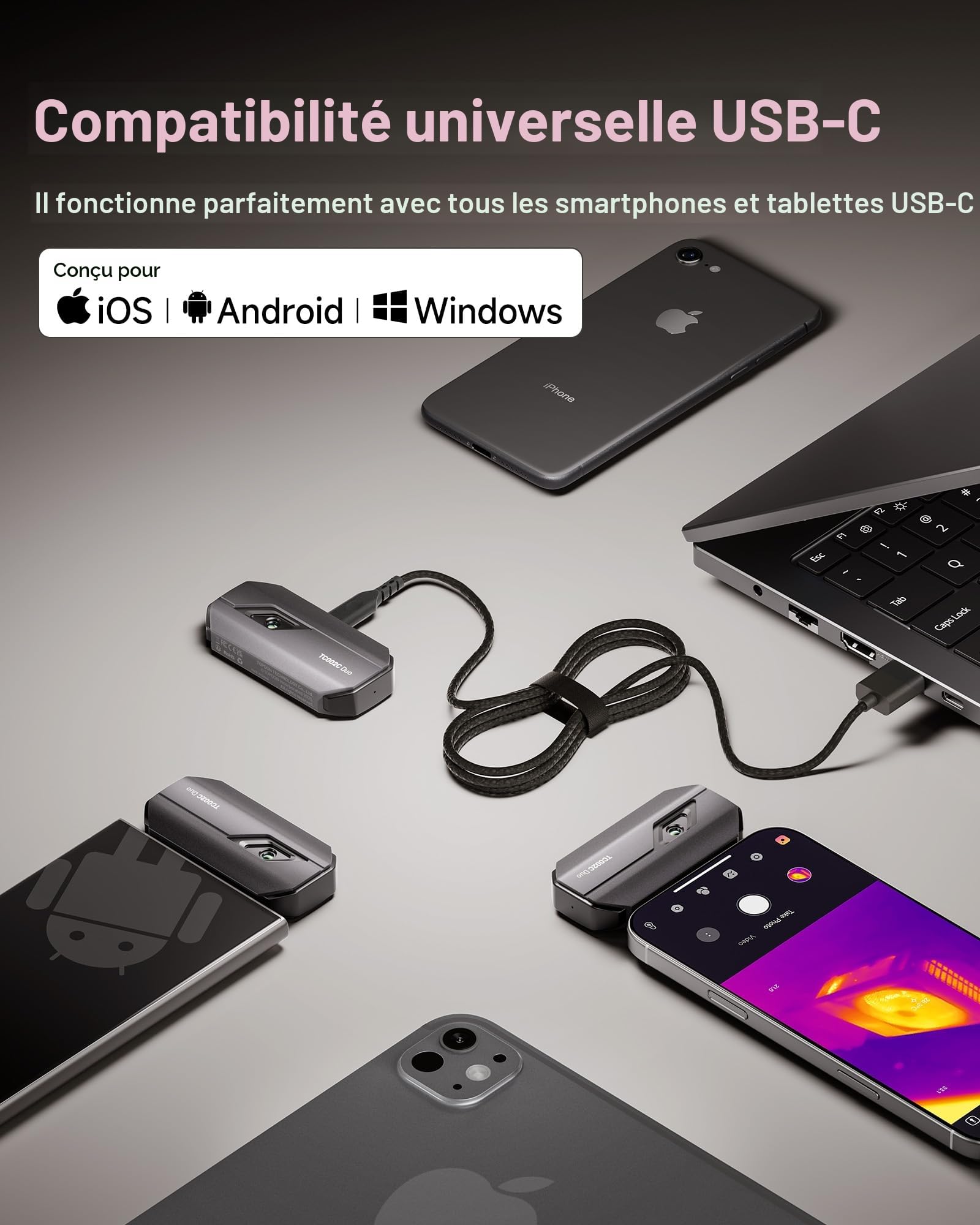 TOPDON TC002C Duo Caméra thermique pour Android/iOS, 512x384 TISR haute résolution, -20-550°C, 25 Hz pour smartphone/tablette/PC, USB-C/Lightning, caméra infrarouge pour inspection électrique, fuite