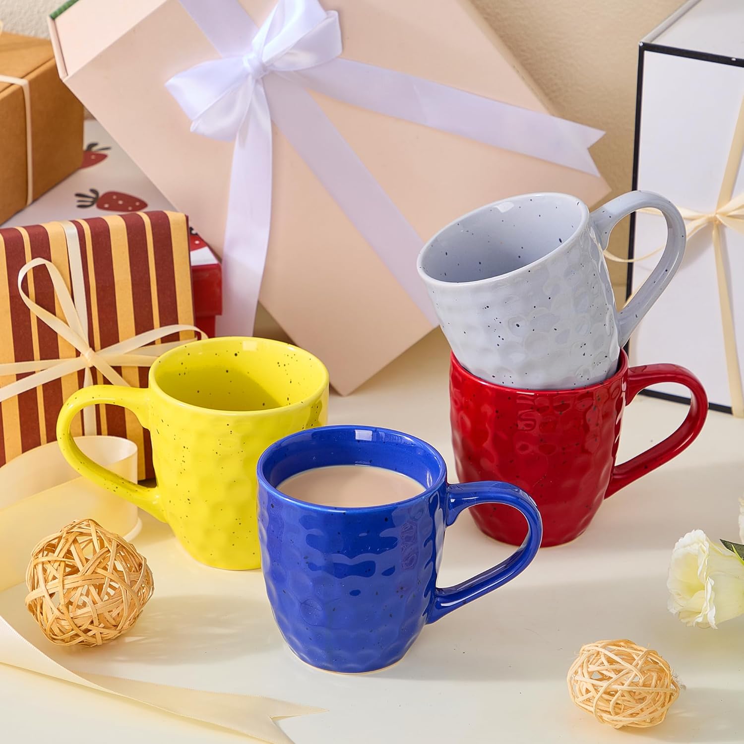 Coffee Mugs Set of 4，14 oz Large Ceramic with Handles,Coffee,Salad,Noodles etc Cups for Cereal Latte,Vibrant Colors (Vibrant 4, 14-oz)