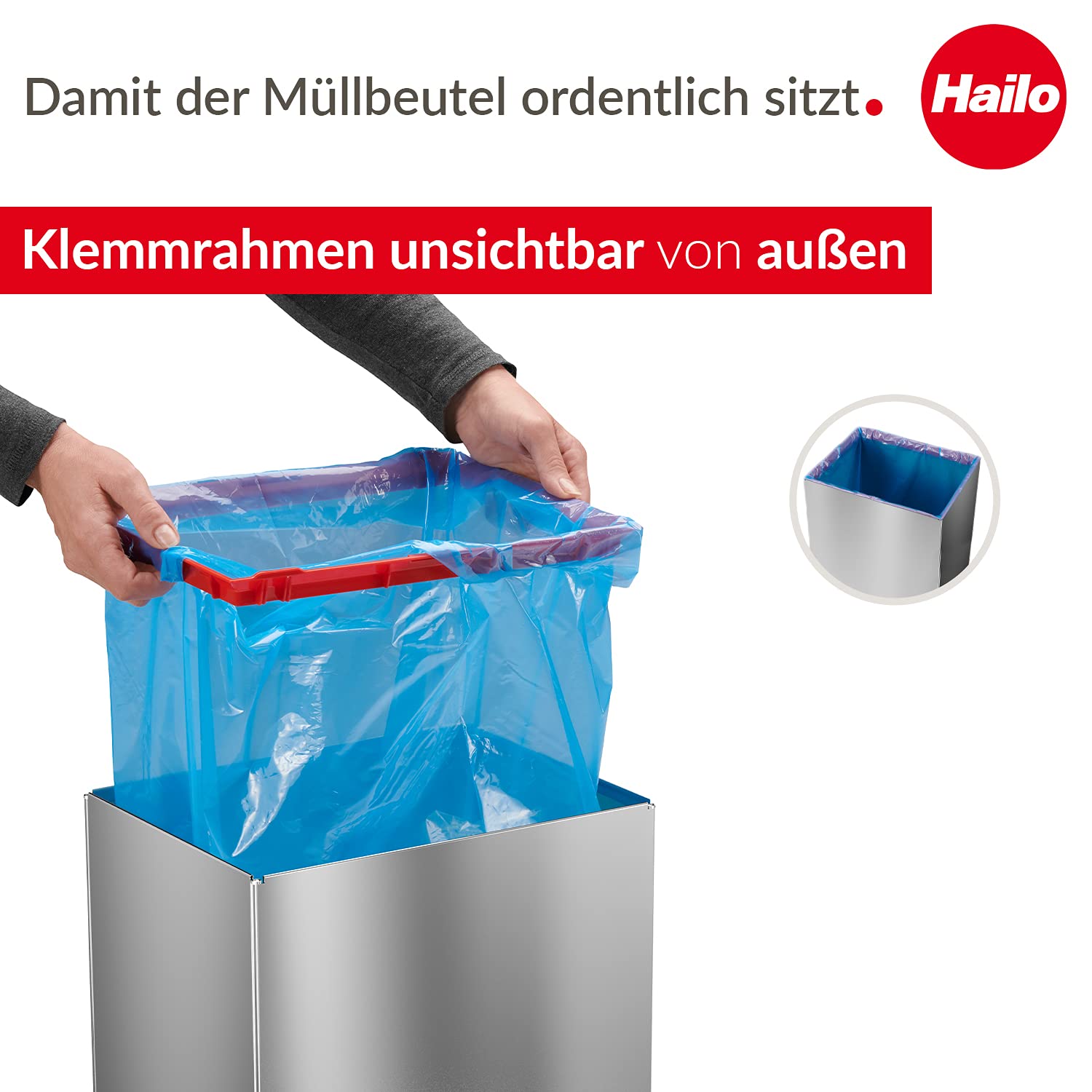 Hailo Big-Box Swing L Waste bin | 1 x 35 liters / 9.2 gallons | Self-Closing Swing lid | Stainless Steel | Bin Liner Clamping Frame | Waste bin Kitchen Rectangular | Made in Germany