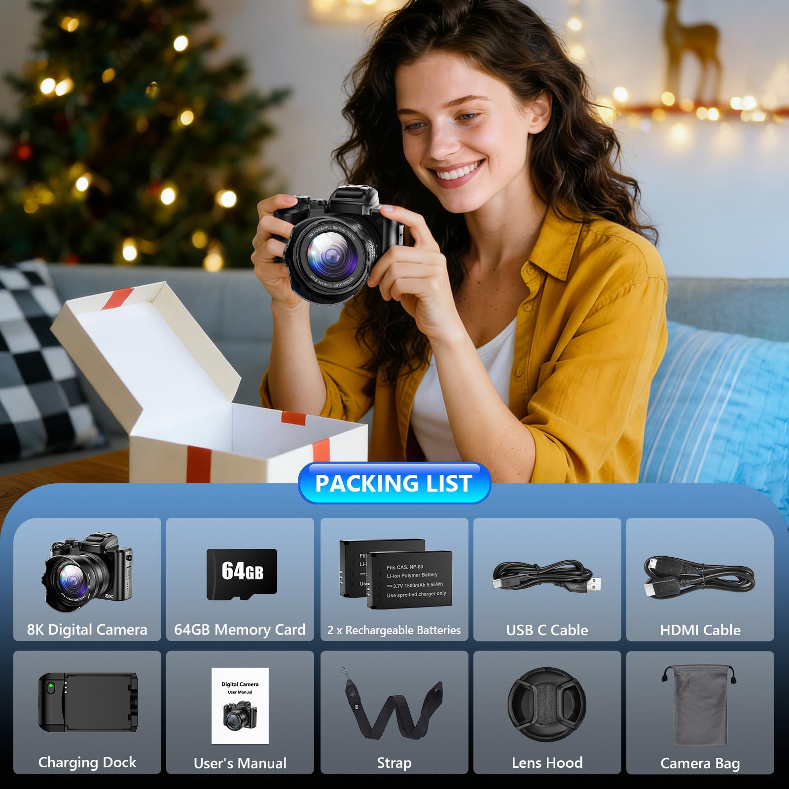 8K Digital Camera, 88MP WiFi Cameras for Photography with 3.2" Touchscreen, 16X Zoom Autofocus Professional Dual Camera, Anti-Shake, 2 Batteries & Charging Stand, 64GB Card, Flash, Lens Hood — view 9