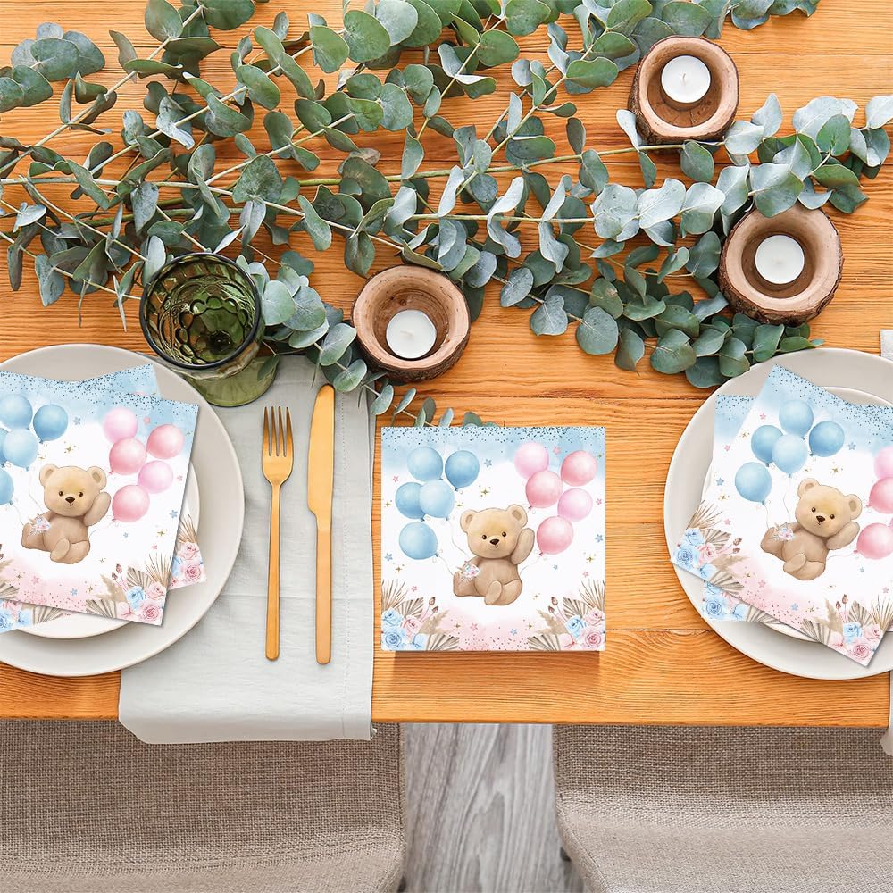 80 Pcs Boho Bear Gender Reveal Paper Napkins Pink or Blue We Can Bearly Wait Disposable Napkins Table Decorations for Gender Reveal Party Supplies