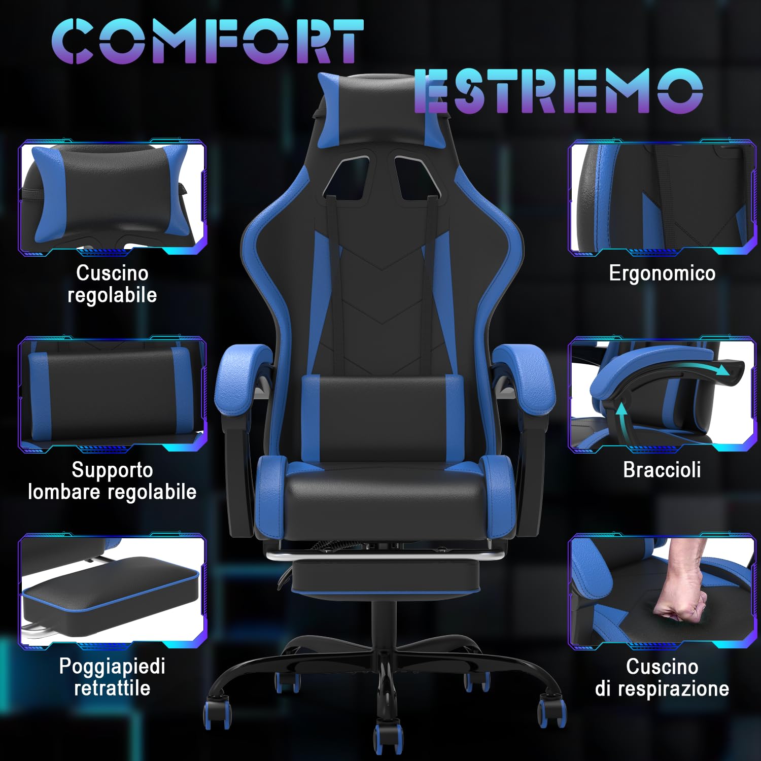 Devoko Sedia da Gaming Massaggiante con Poggiapiedi Telescopico, Sedia Gamer con Cuscino Lombare Massaggio & Poggiatesta, Ergonomico Sedia da Ufficio Schienale Regolabile 90-135°, Portata 150kg(Blu)
