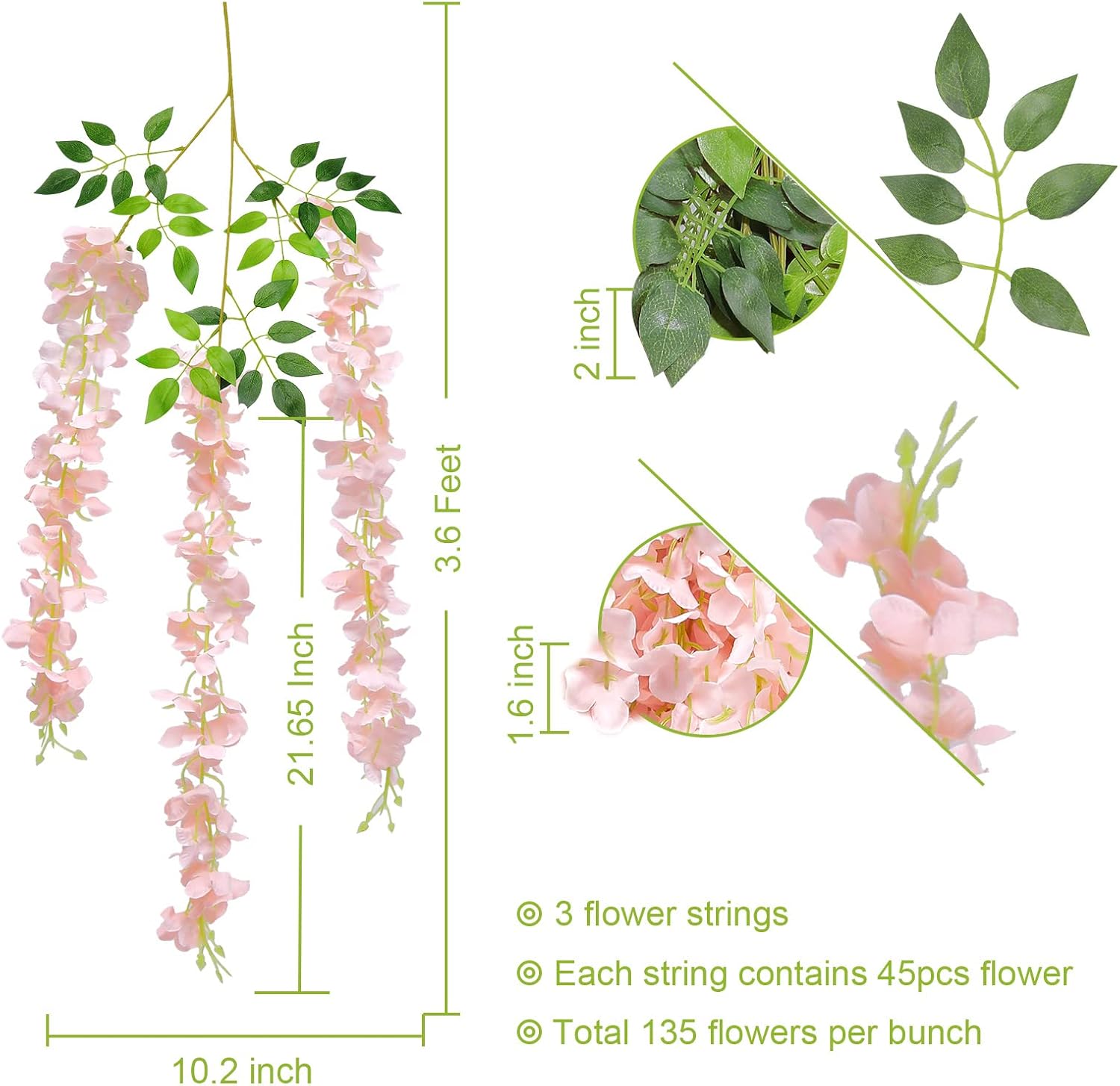 U'Artlines 12 Pack (Total 43.2 Feet) Artificial Fake Wisteria Vine Rattan Hanging Garland Silk Flowers String Home Party Wedding Decor (12, Light Pink)
