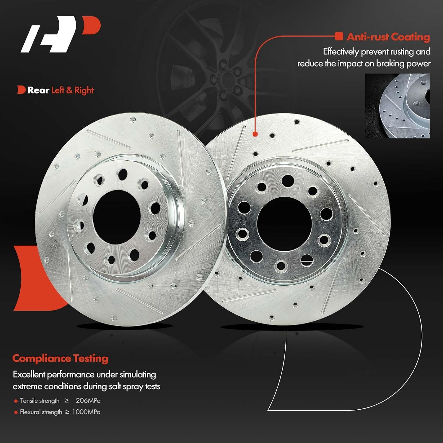 A-Premium 10.95 in (278 mm) Rear Drilled and Slotted Disc Brake Rotors Compatible with Jeep, Chrysler Models - Cherokee 2014-2022, 200 2015-2017, 2-PC Set
