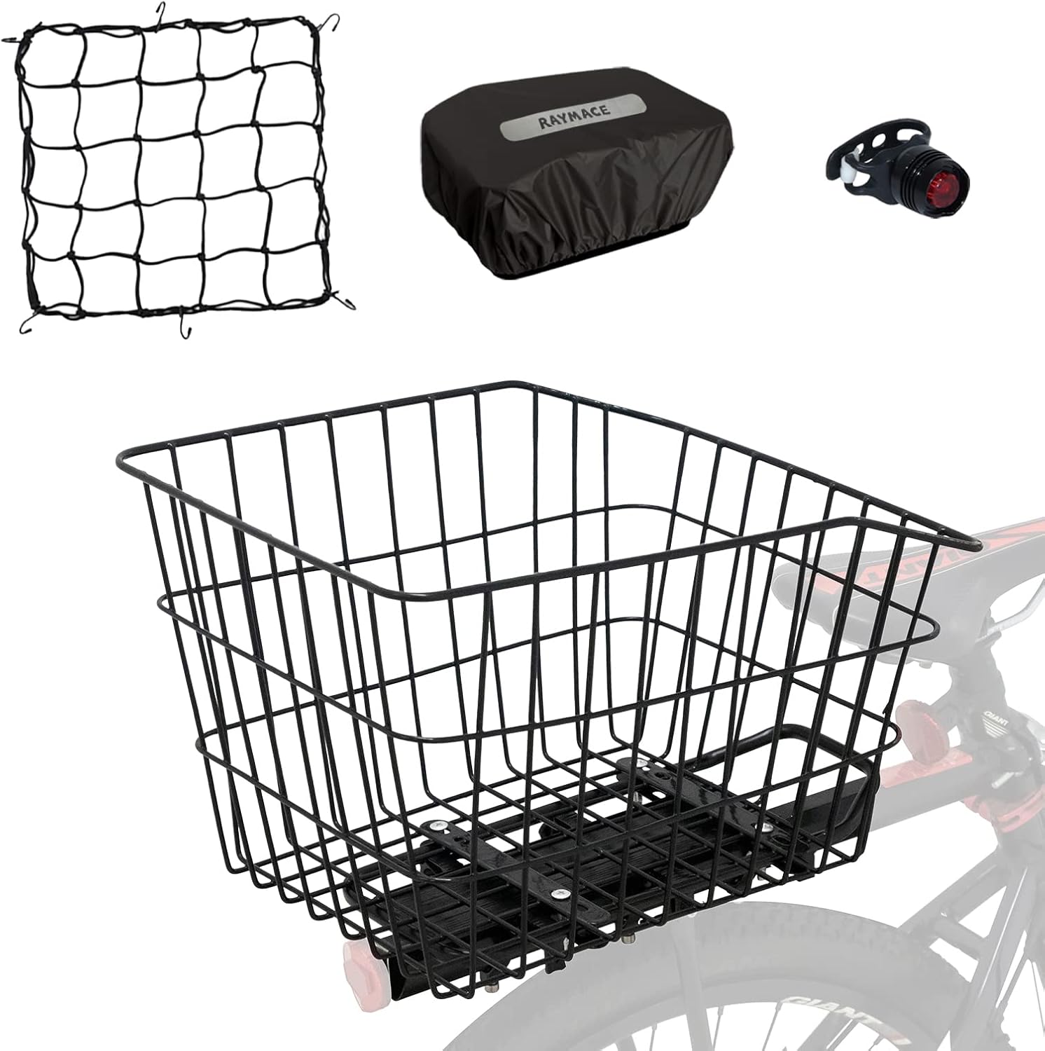 RAYMACE Rear Bike Basket with Waterproof Cover,Bicycle Cargo Rack Storage Basket Mount for Back Under Seat XL-Metal Wire