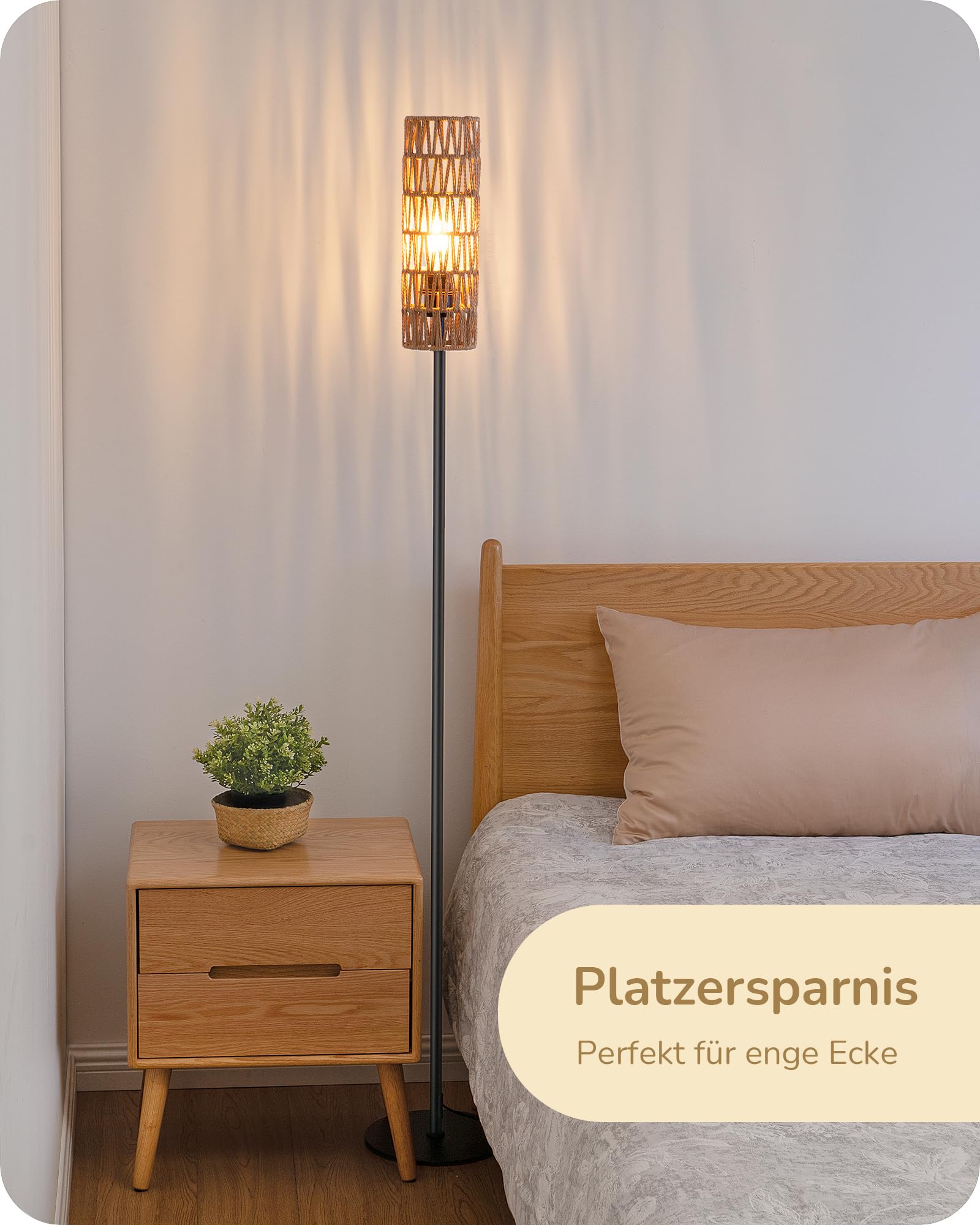 EDISHINE Lampa stojąca LED do salonu, lampa stojąca z abażurem z tkanej liny, lampa stojąca vintage 2700 K, styl boho, E27, do sypialni, pokoju dziecięcego lub sofy narożnej, wysokość 165 cm