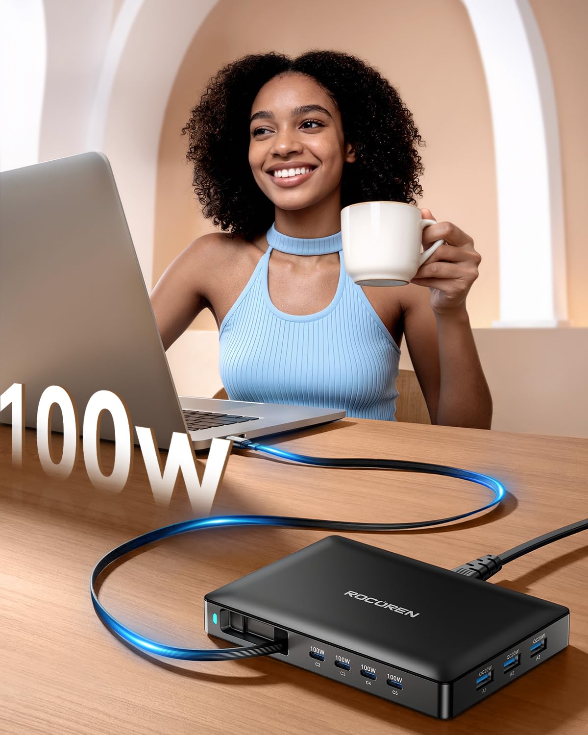 Rocoren Ładowarka USB C 8 w 1, z wysuwanym kablem, stacja ładująca USB GaN z wieloma urządzeniami, kompatybilna z laptopami, MacBookiem, iPadem, iPhonem, Samsung i innymi