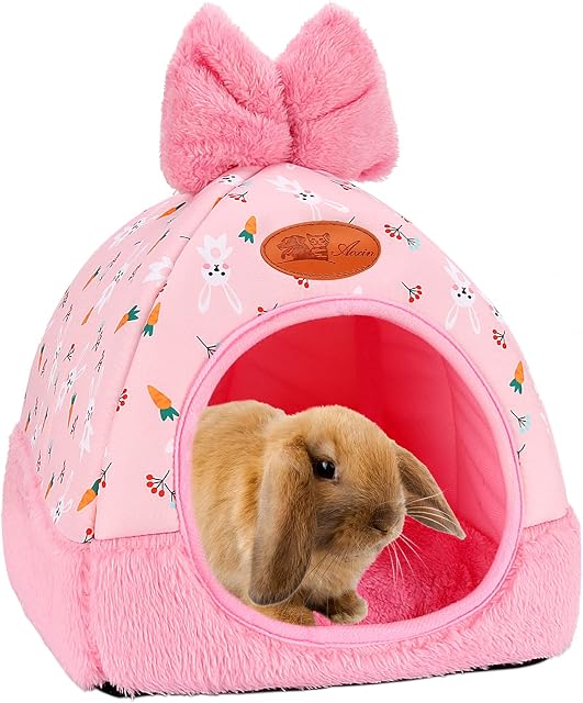 RANYPET Rabbit Bed Warm Guinea Pig Cave Beds Cute Bowknot Rabbit House and Hideouts Cage Accessorie for Bunny Guinea Pigs Chinchilla and Other Small Animals