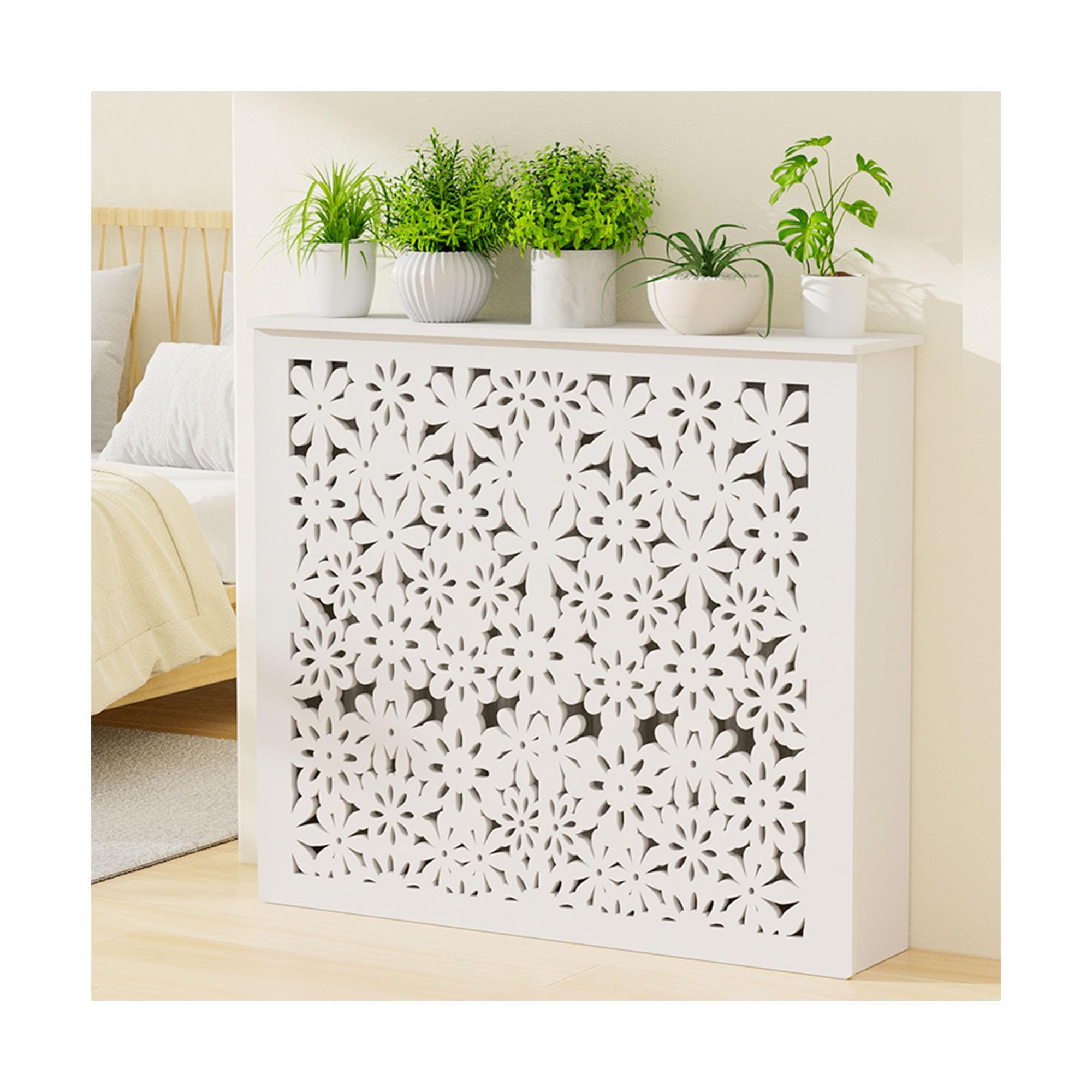Cache-radiateur étagère pour salon et chambre créant une ambiance chaleureuse et ordonnée