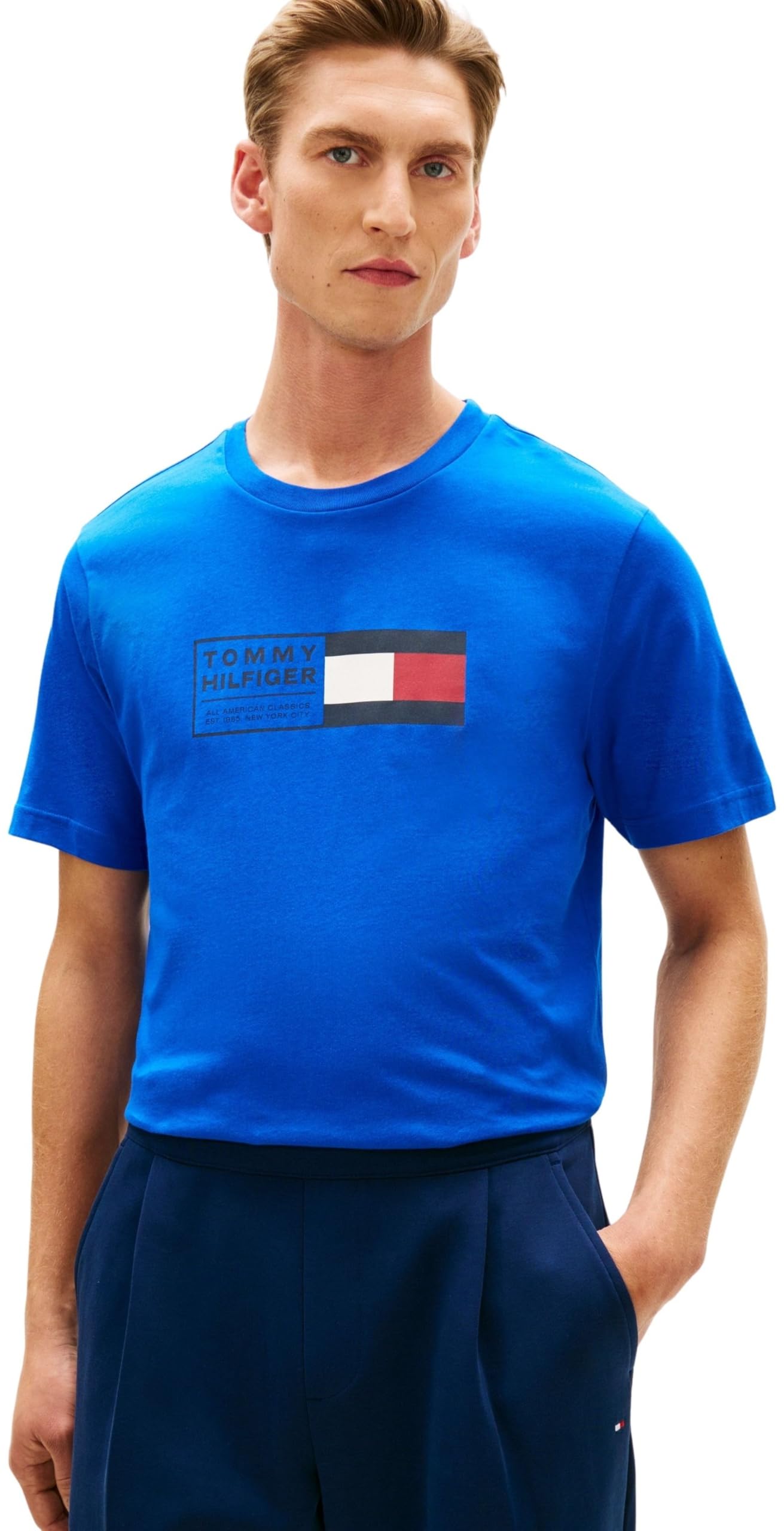 Tommy Hilfiger Herren T-Shirt Kurzarm Brand Love Text Box aus Baumwolle, Blau (Regal Blue), XXL
