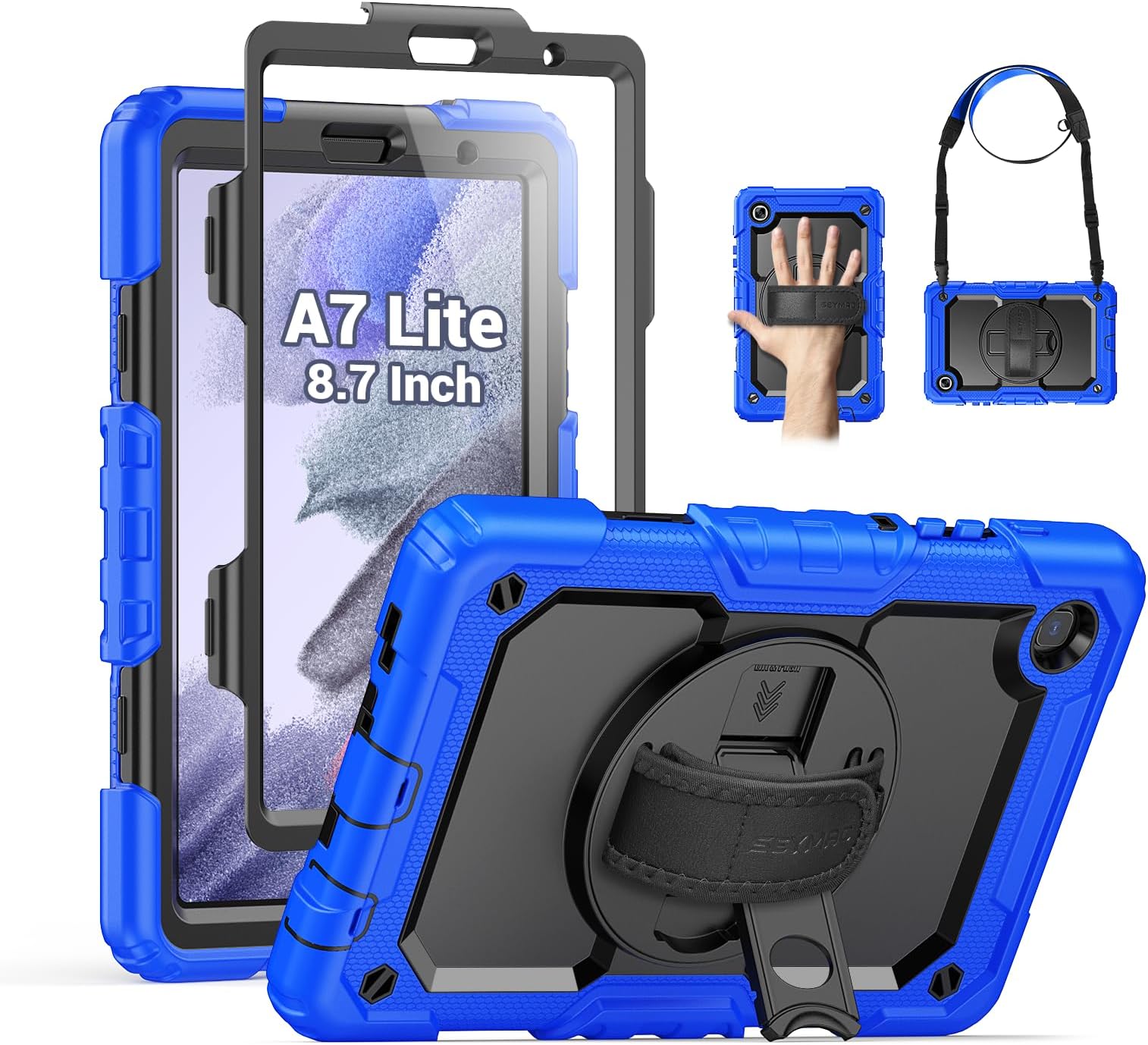 SEYMAC Case for Samsung Galaxy Tab A7 Lite 8.7" (SM-T220/ T225/ T227), Heavy Duty Full-Body Shockproof Protective Case with Screen Protector, Rotating Stand, Hand/Shoulder Strap, Blue